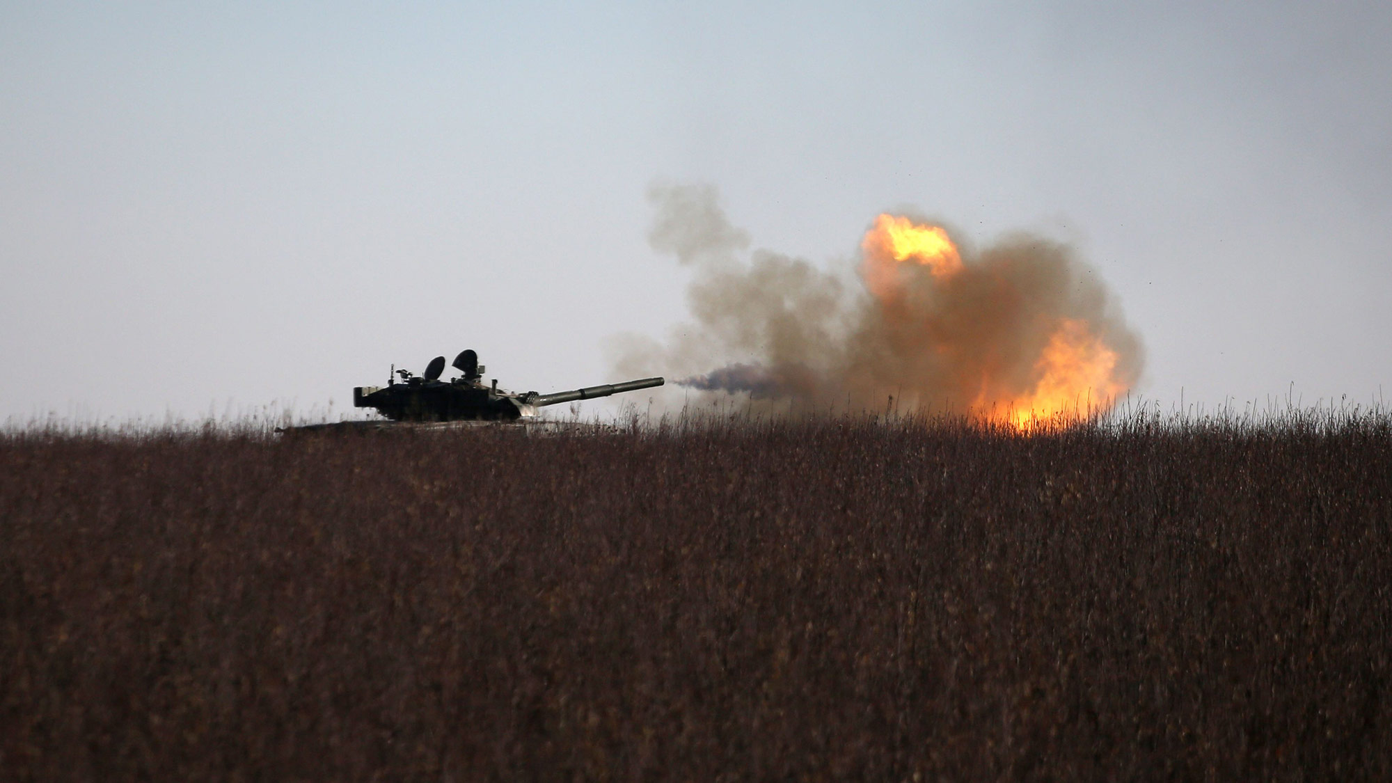 Ukrainian soldiers fire a tank near Bakhmut, Ukraine, on January 26. 