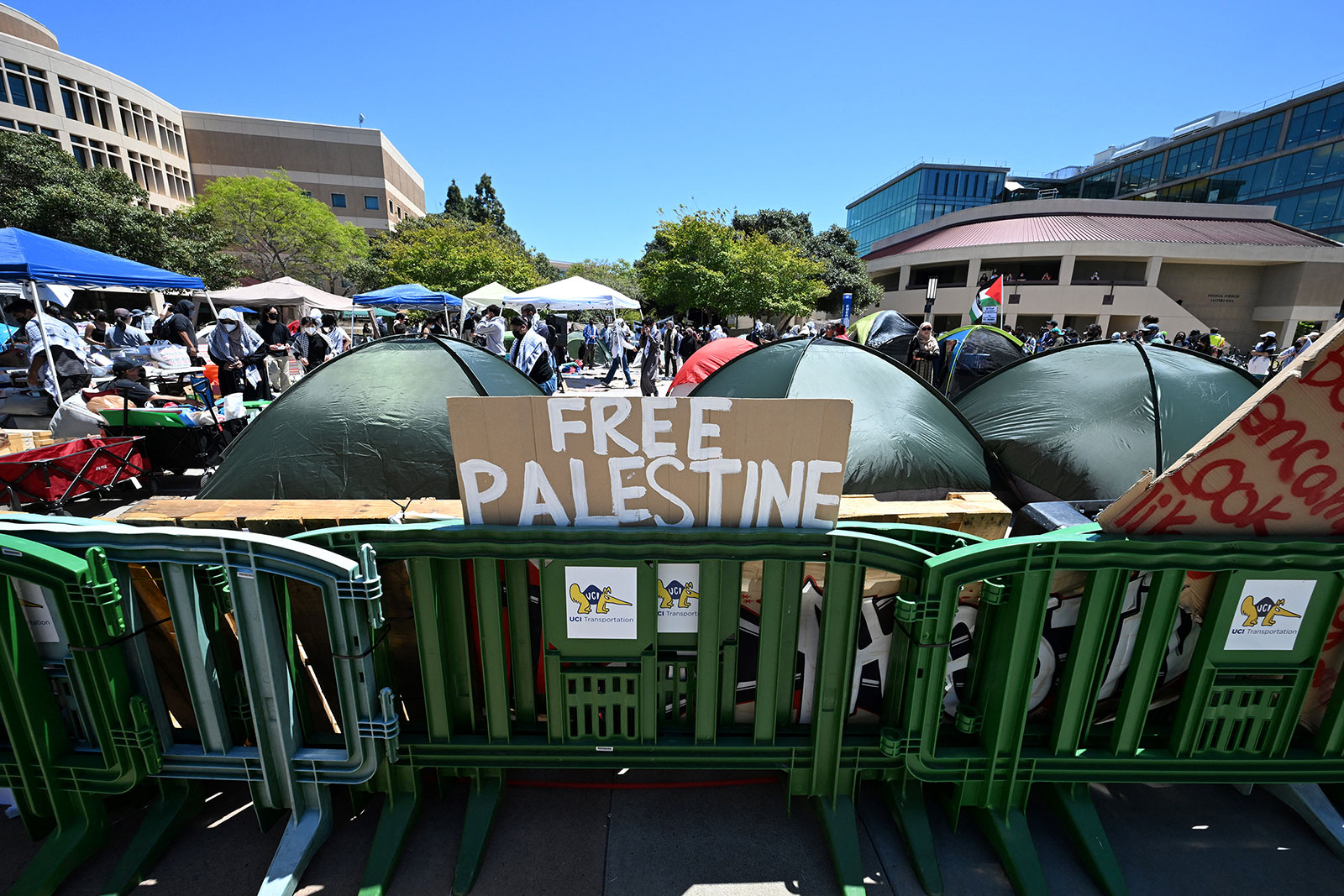 Pro-Palestinian students and activists set up a protest encampment on the campus at the University of California at Irvine on Monday, April 29, in Irvine, California. 