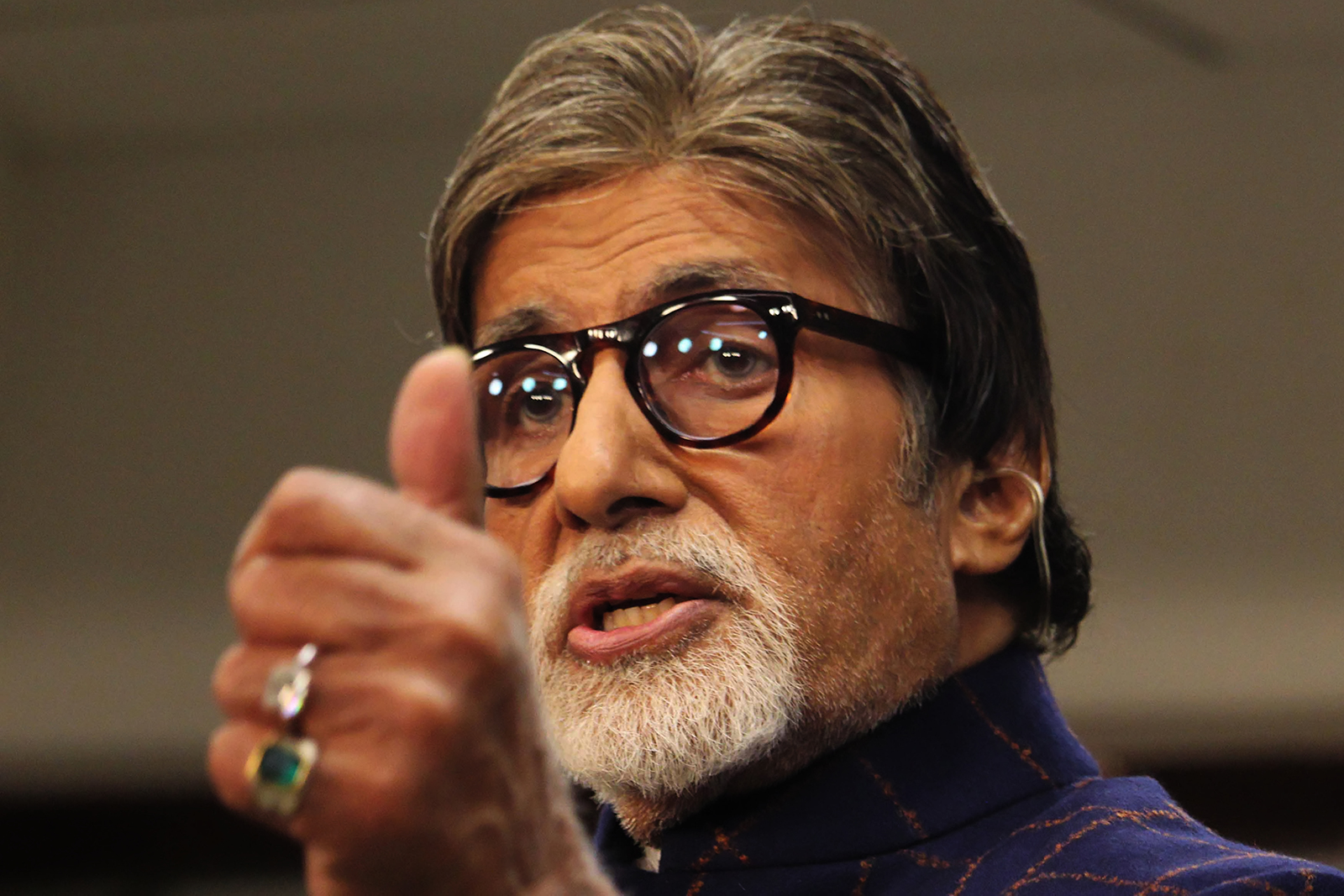 Indian actor Amitabh Bachchan gestures during a launch of NDTV Banega Swasth India season 6 in Mumbai, India on August 19, 2019. 