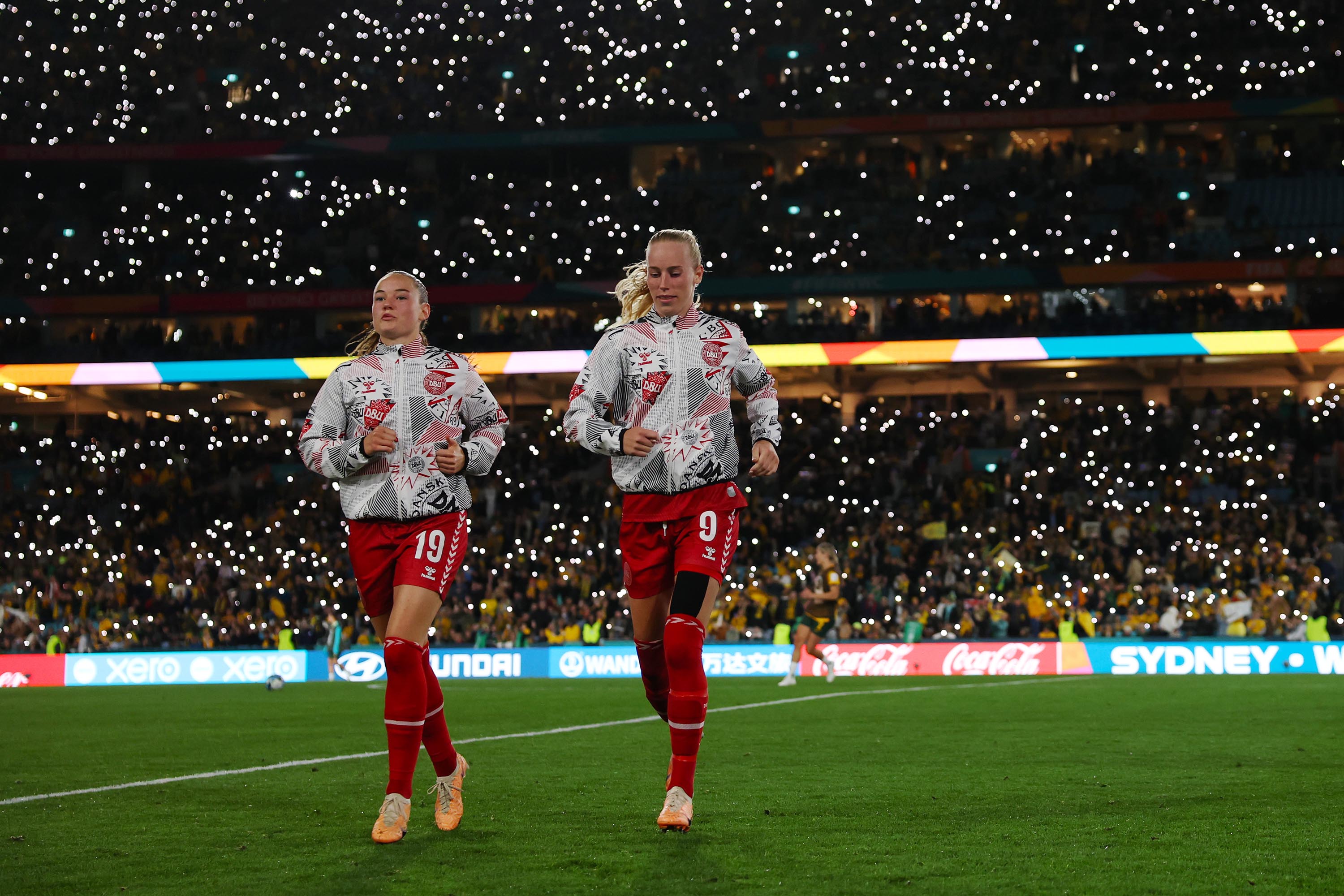 Denmark players are seen before the second half. 