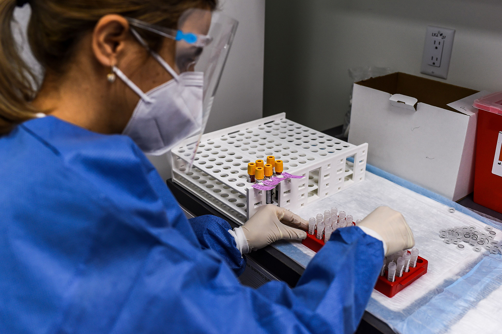 A lab technician sorts blood samples for Covid-19 vaccination studies at the Research Centers of America in Hollywood, Florida on December 18.