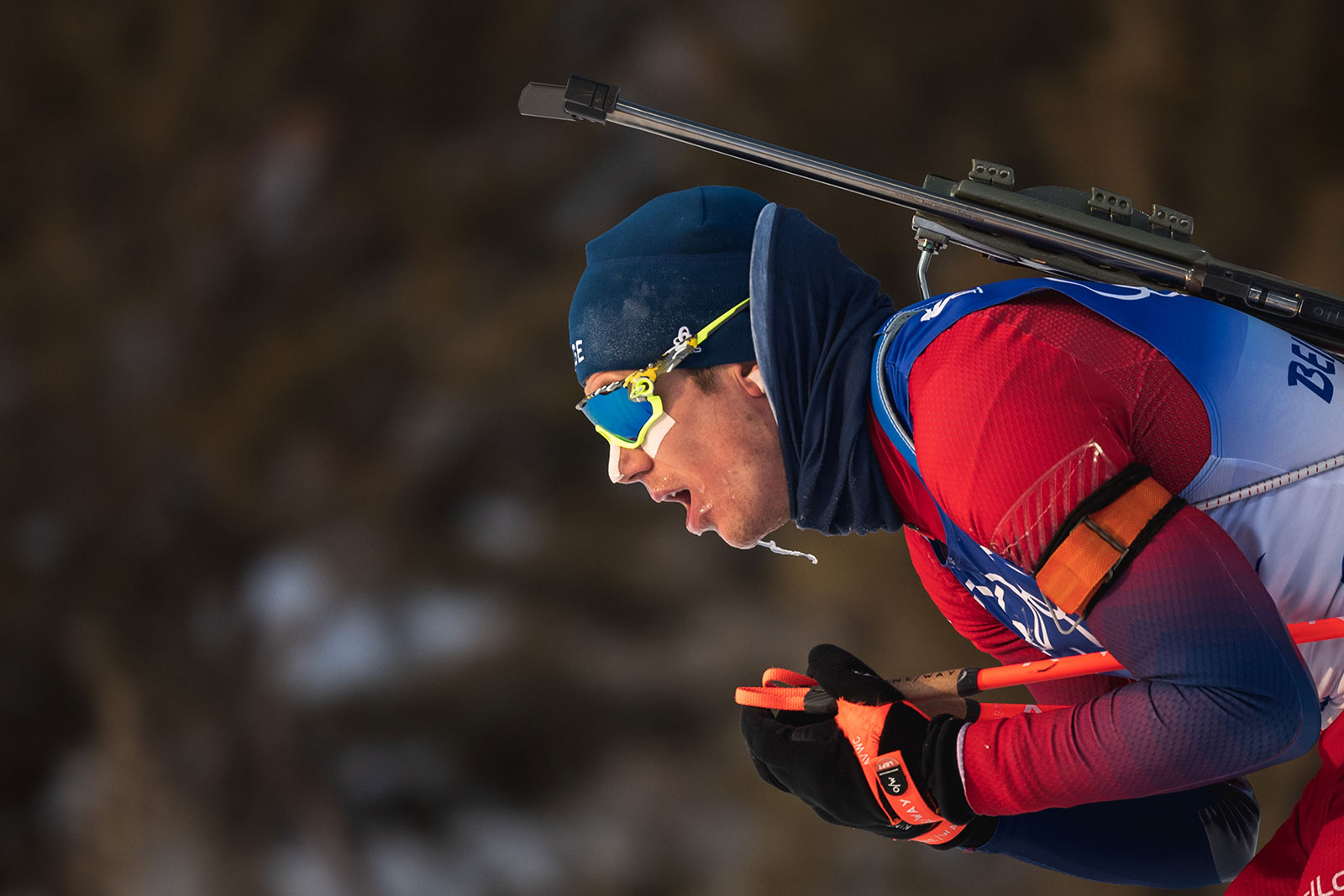 Norway's Vetle Sjåstad Christiansen competes in the men's 15km mass start biathlon on February 18.