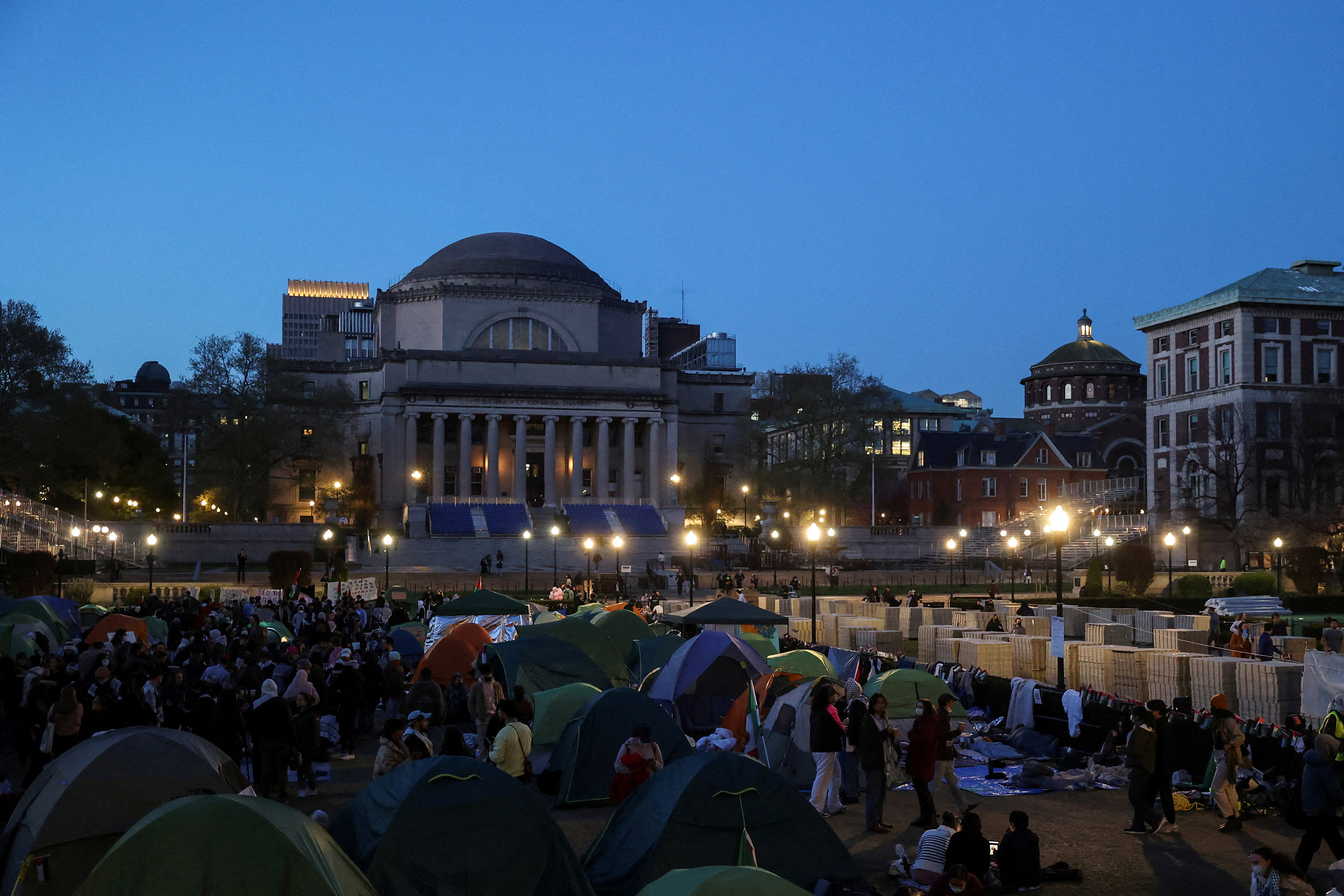 Protesters are seen on campus at Columbia University in New York on Monday.
