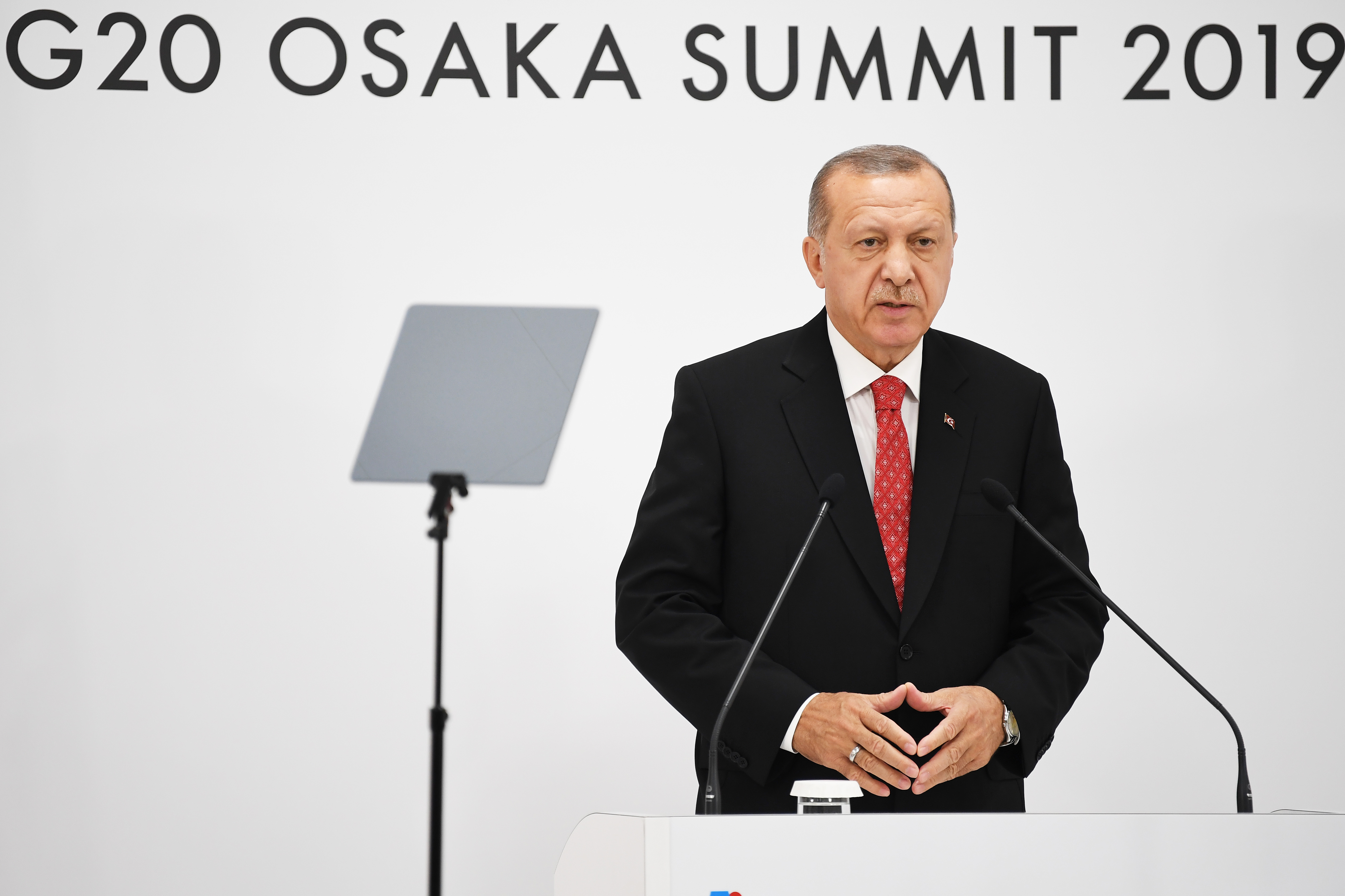 Turkish President Recep Tayyip Erdogan speaking at a news conference following the G20.