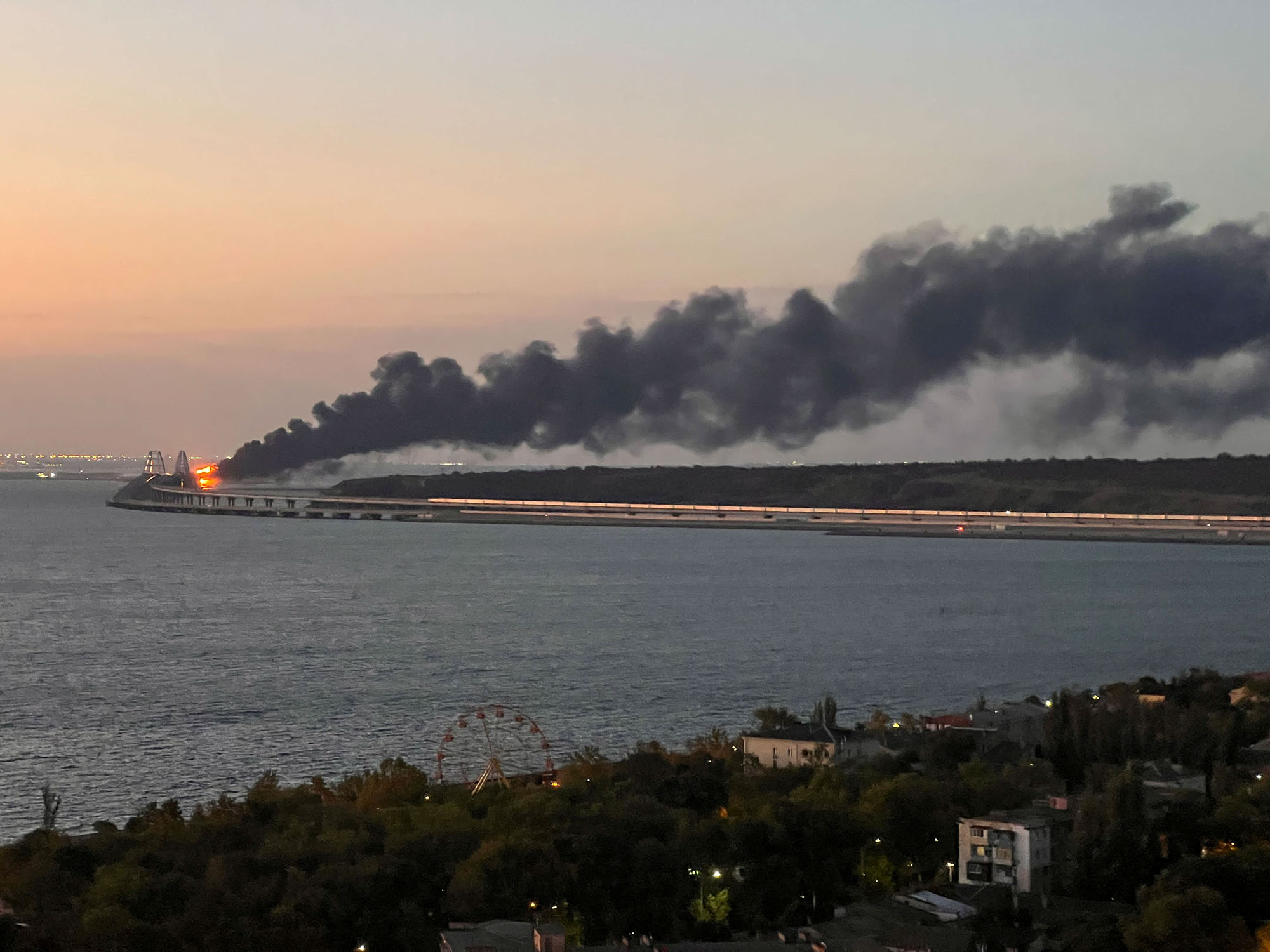 A fire on the Kerch bridge at in the Kerch Strait, Crimea, on October 8.