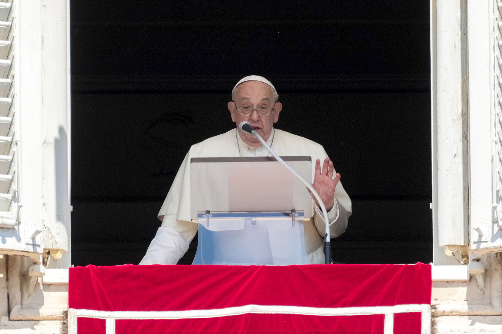 Pope Francis speaks at the Vatican, on Sunday, April 14. 