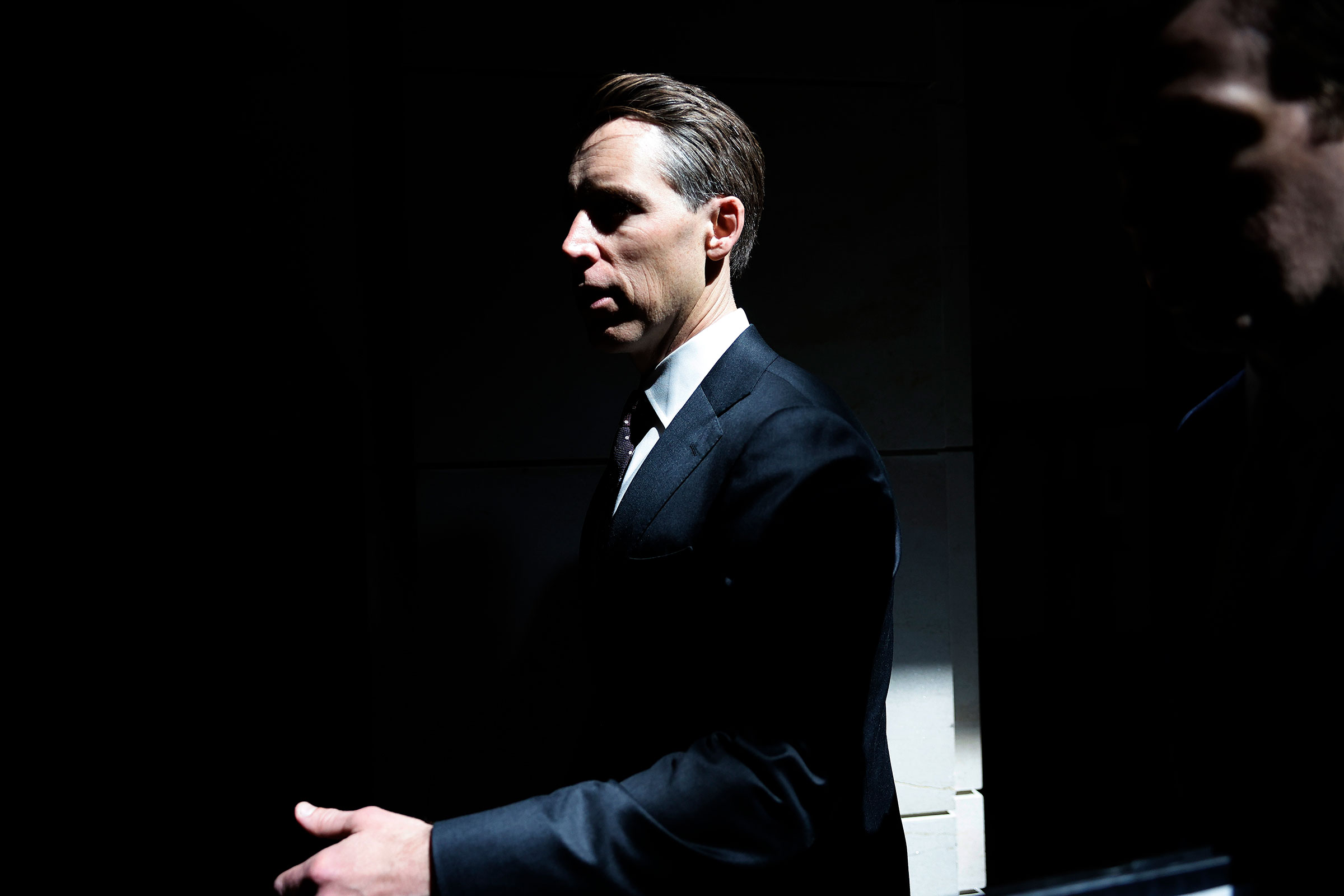 Sen. Josh Hawley arrives for a closed-door briefing by intelligence officials about the Discord leaks at the U.S. Capitol Visitors Center on April 19, 2023 in Washington, DC.