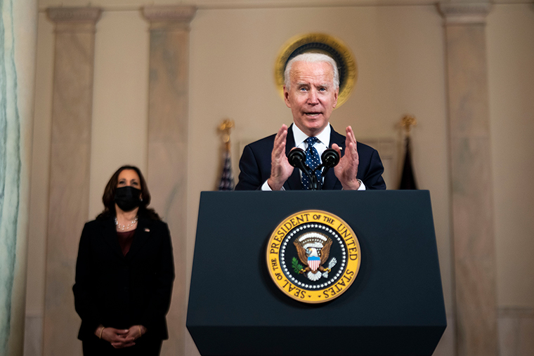 Biden makes remarks in response to the verdict in the murder trial of former Minneapolis police officer Derek Chauvin at the White House on April 20. 