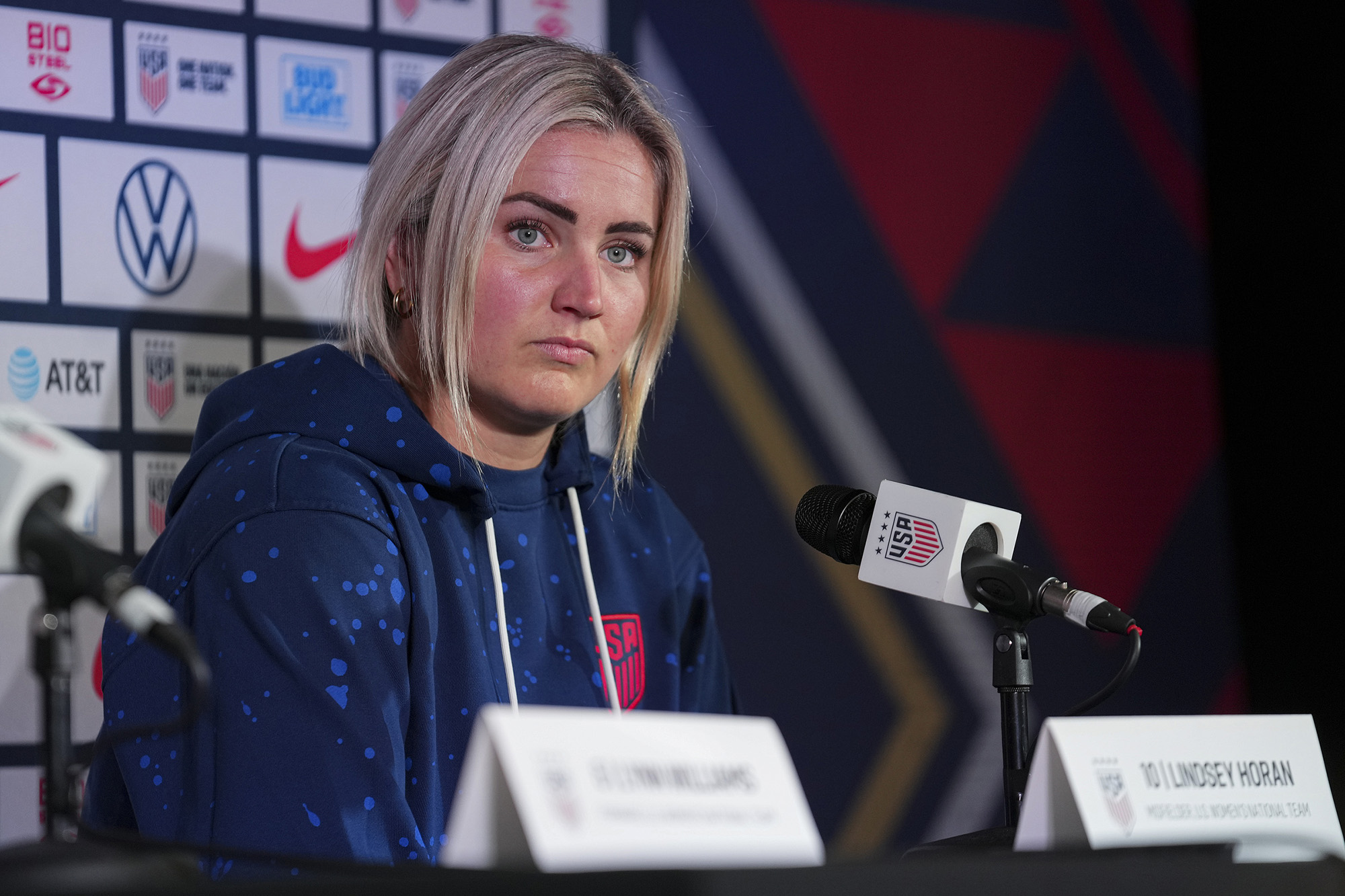 United States midfielder Lindsey Horan takes questions from journalists amid the 2023 FIFA Women's World Cup in Auckland, New Zealand, on August 3.