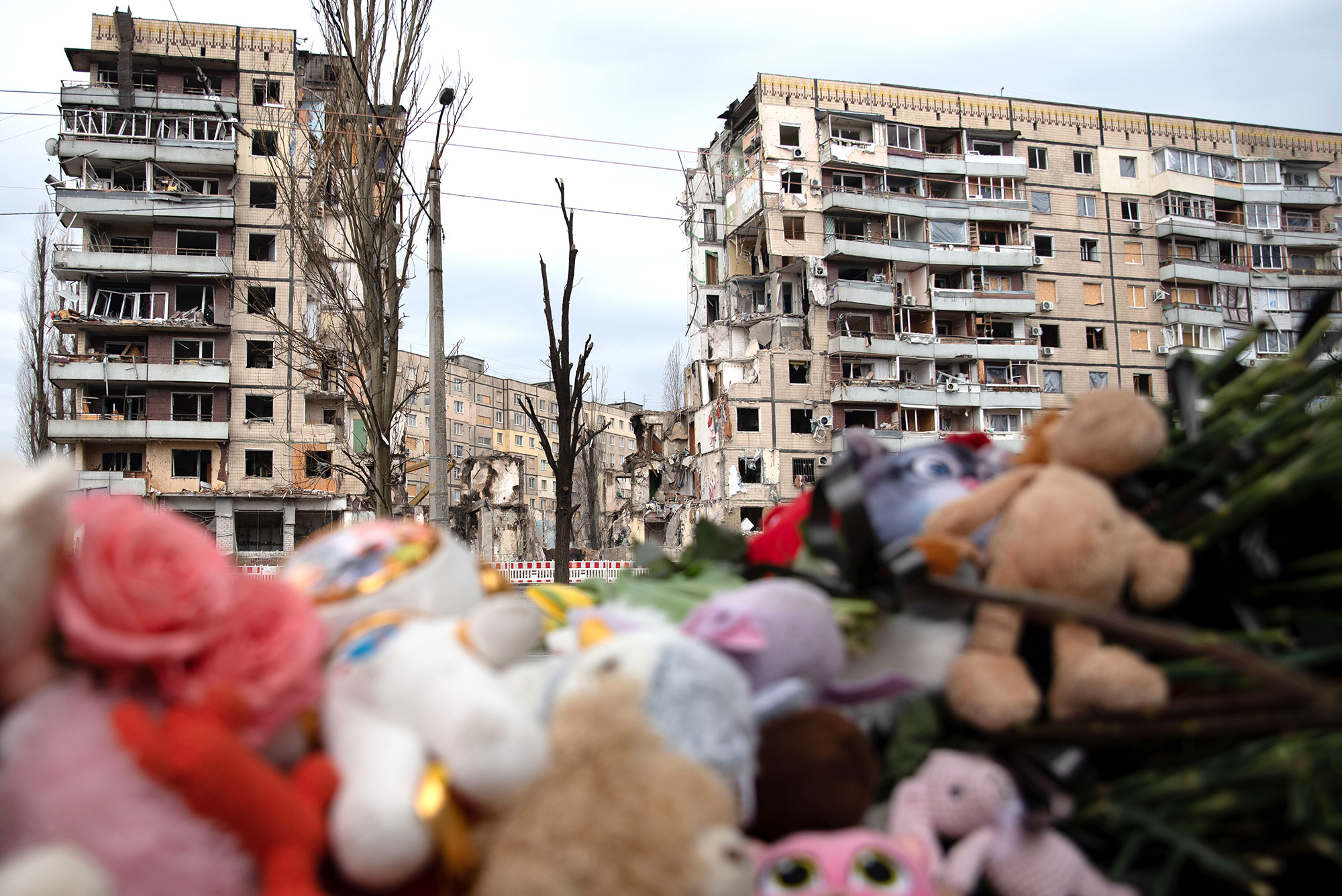 Memorial area in front of the apartment building destroyed by a Russian missile in the city of Dnipro, Ukraine, on January 18.