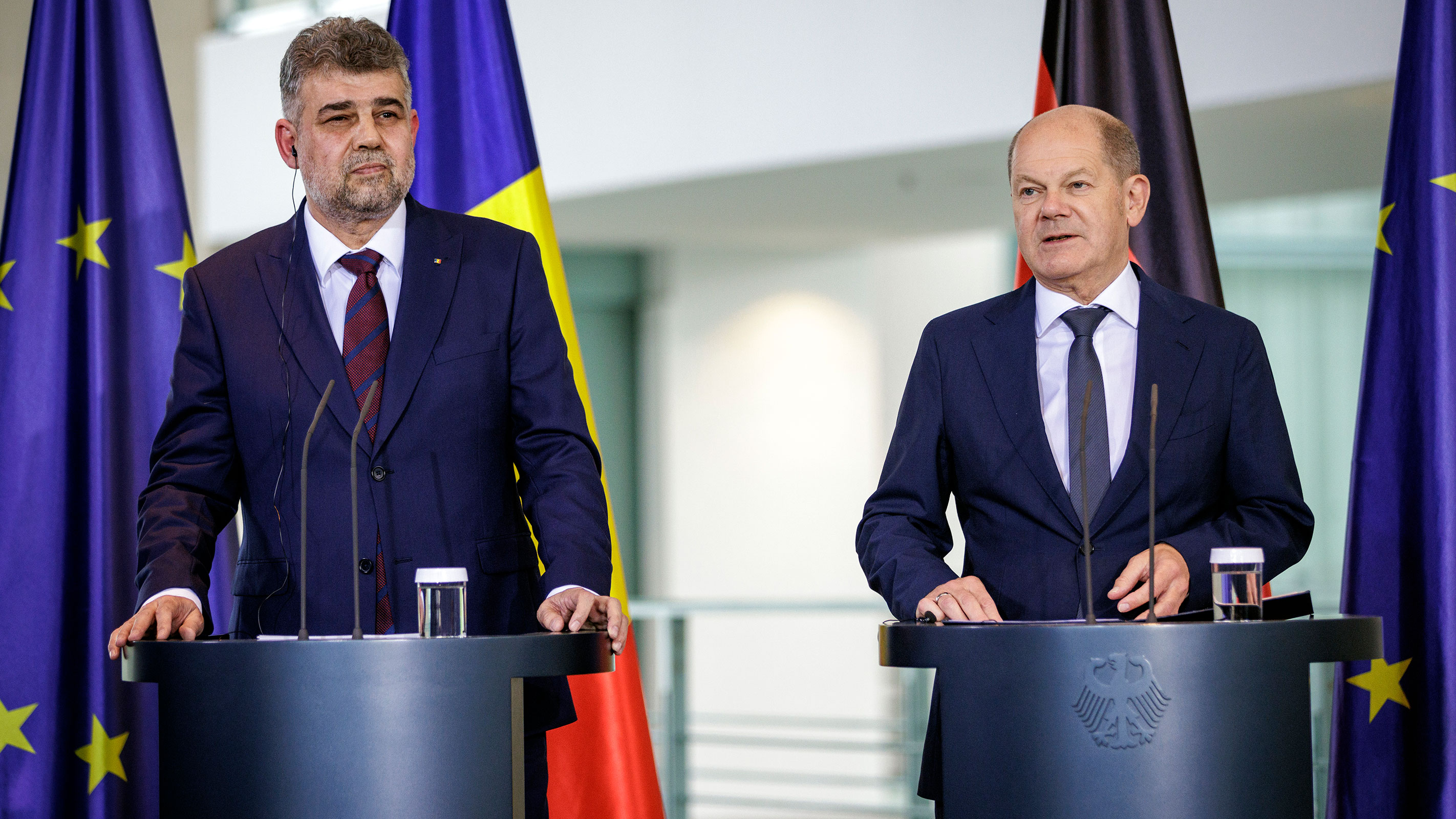 Romanian Prime Minister Ion Marcel Ciolacu and German Chancellor Olaf Scholz during a press conference  on July 4, in Berlin, Germany.