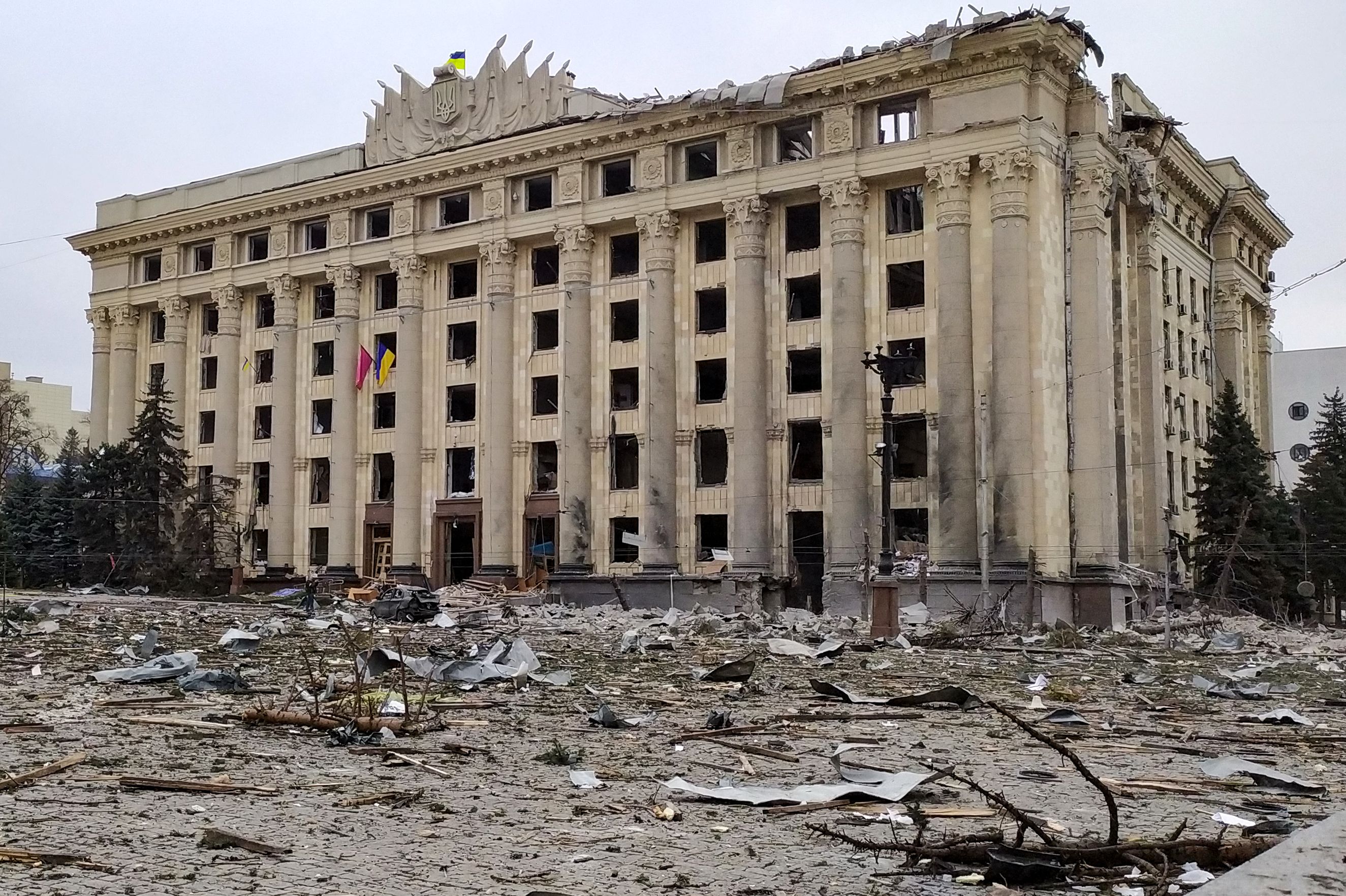 The damaged headquarters of the Kharkiv administration in Kharkiv, Ukraine, on March 1.
