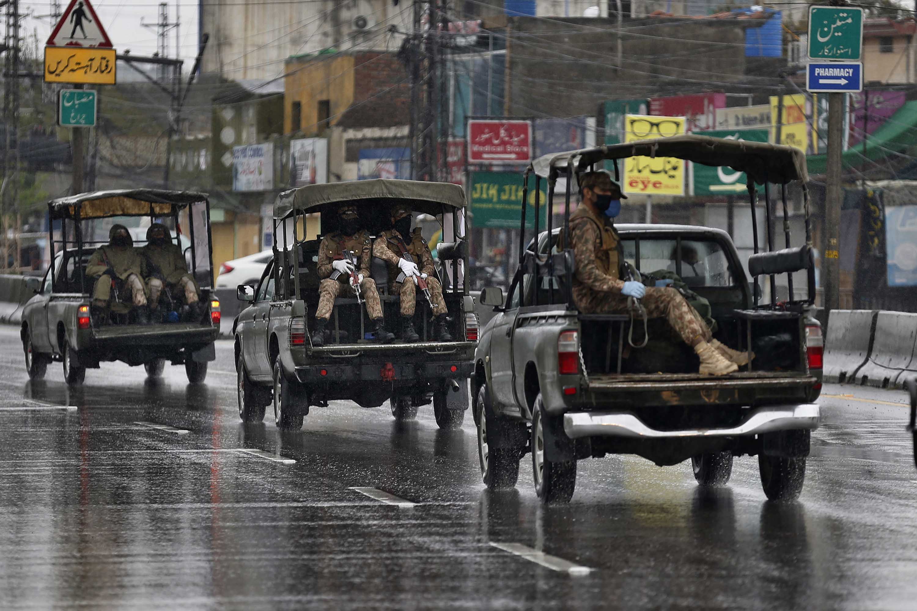 Pakistan Army troops patrol in Rawalpindi, Pakistan, on Tuesday.