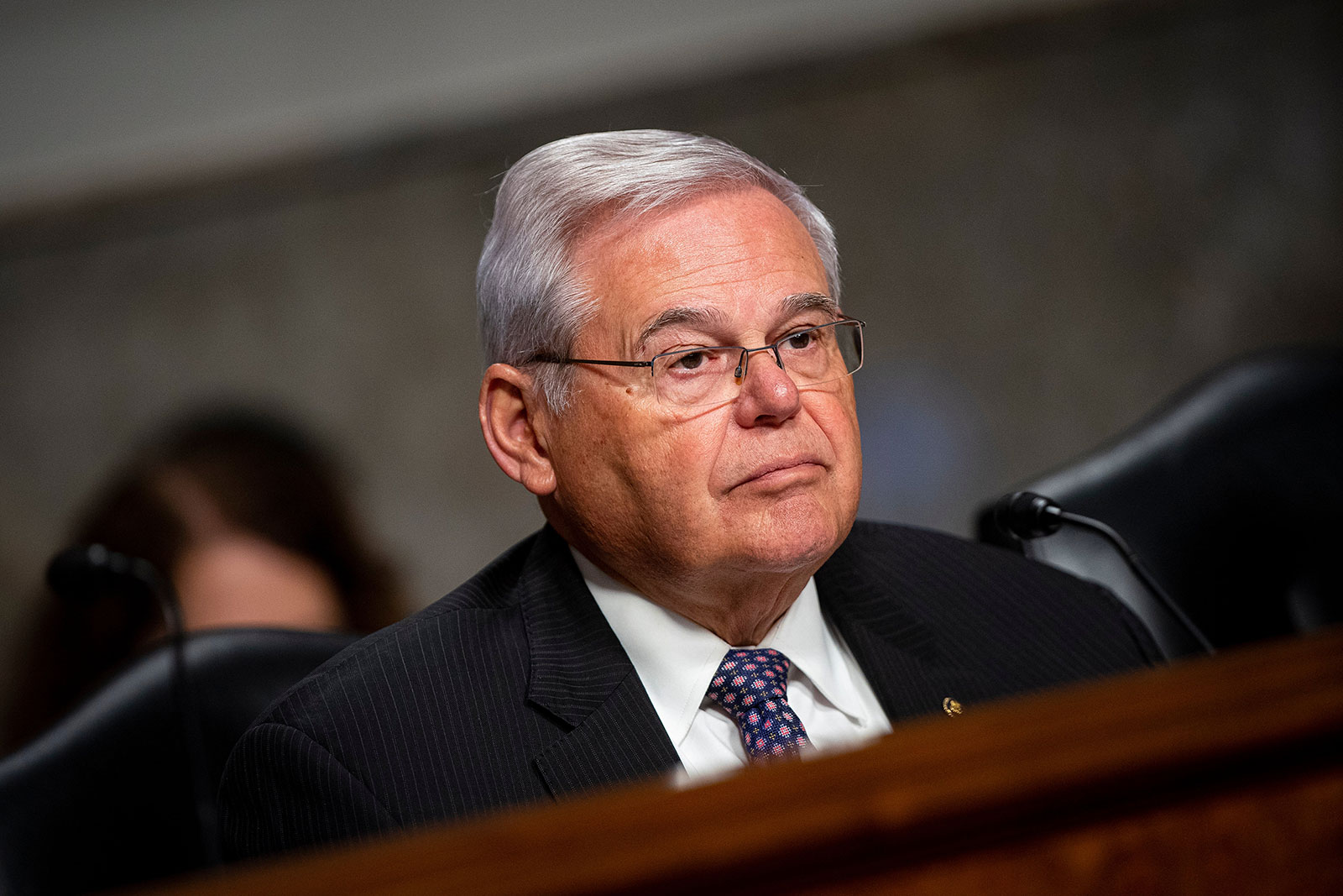 Menendez is seen during a Senate Banking, Housing, and Urban Affairs Committee hearing in Washington, DC, in May.