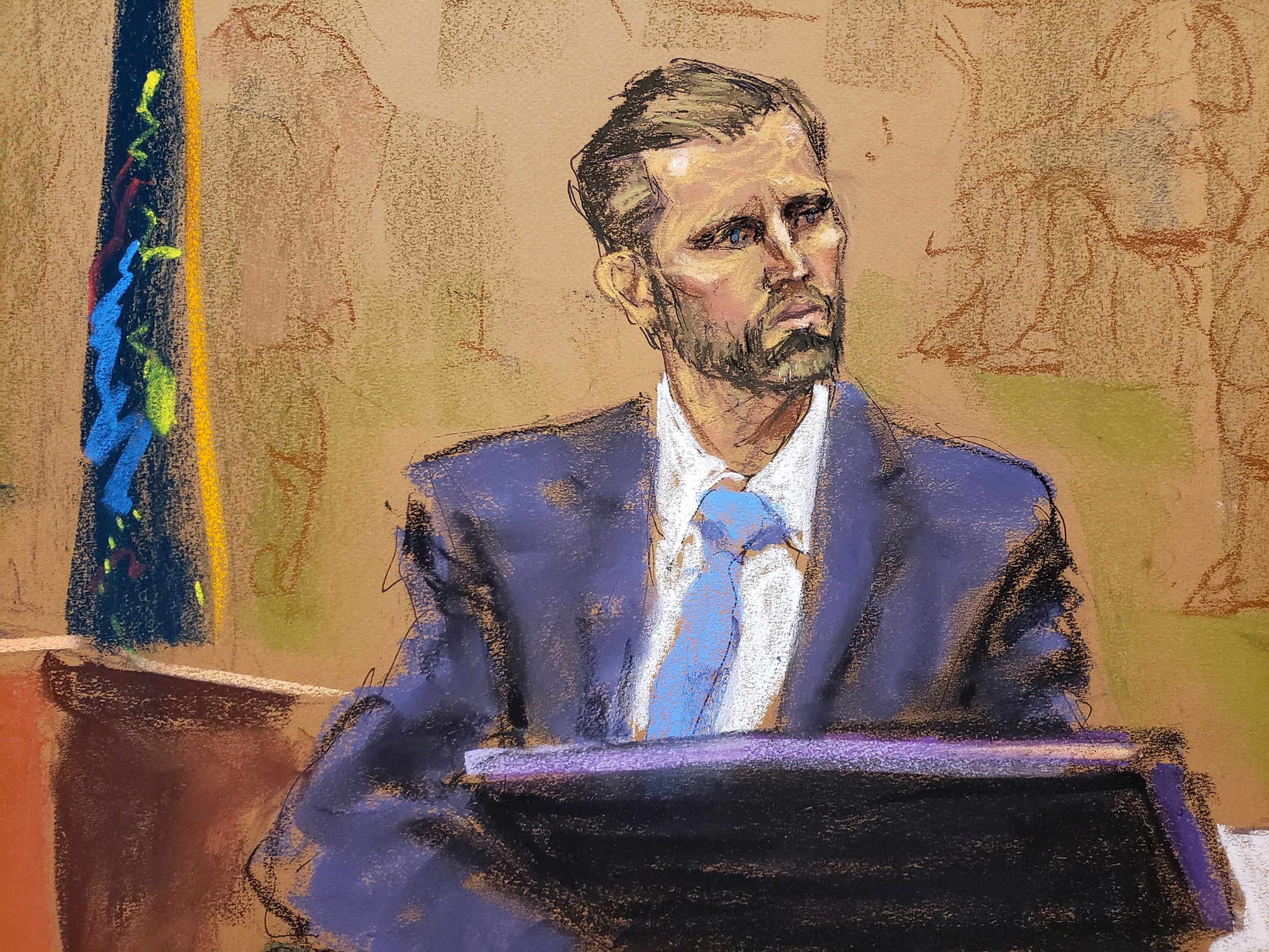 In this courtroom sketch, Eric Trump testifies during the Trump Organization civil fraud trial in New York State Supreme Court on Thursday.