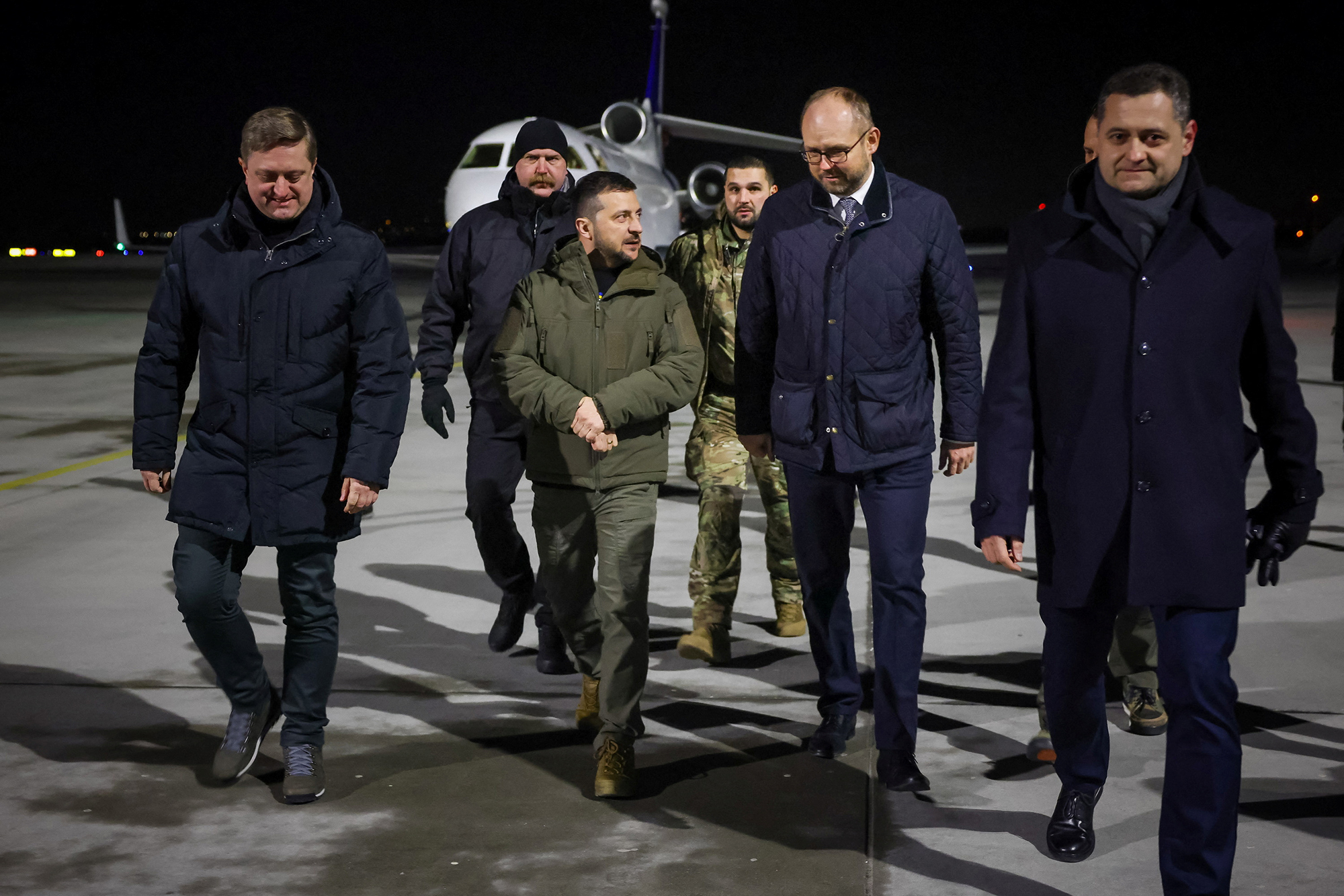 Ukrainian President Volodymyr Zelensky arrives in Poland to meet with Polish President Andrzej Duda on February 10.