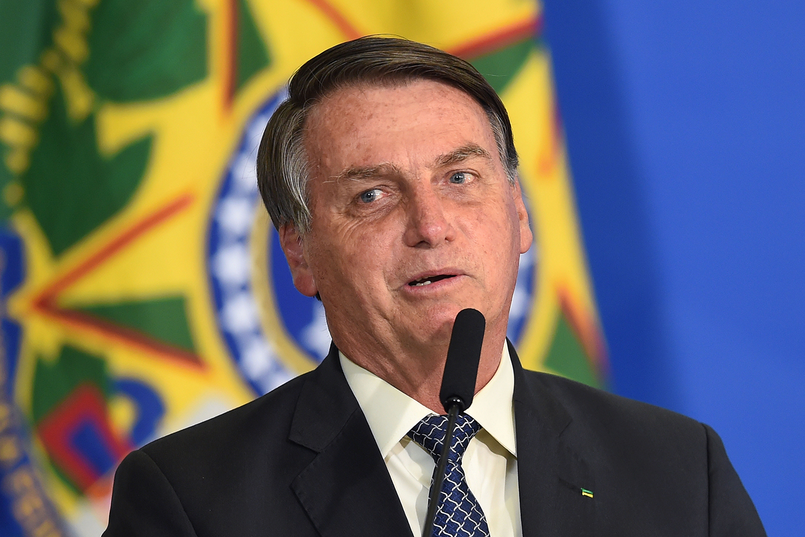 Brazilian President Jair Bolsonaro delivers a speech in Brasilia, on August 19.