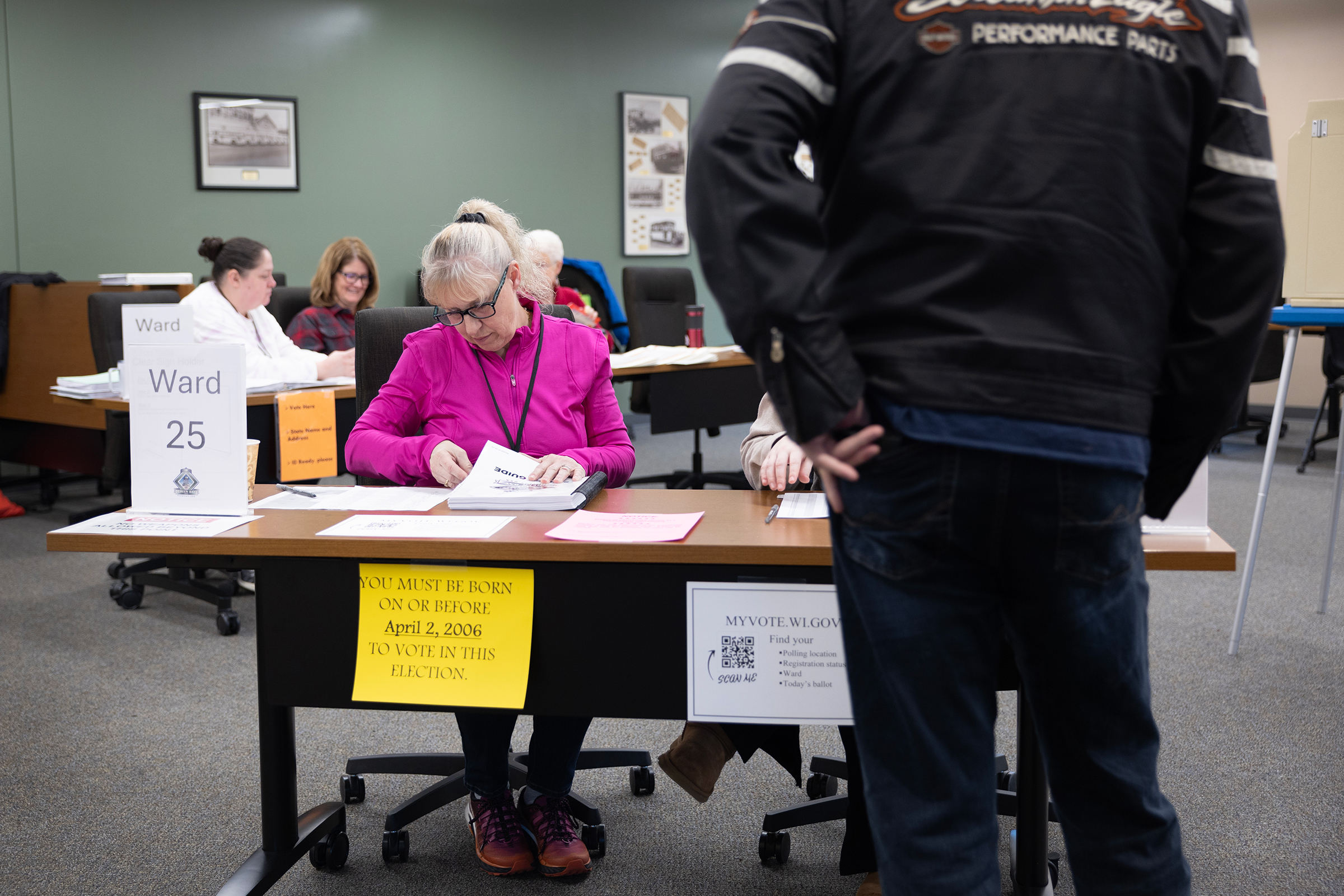 A resident arrives to vote in the state's primary election at a polling location on April 2, in Green Bay, Wisconsin.