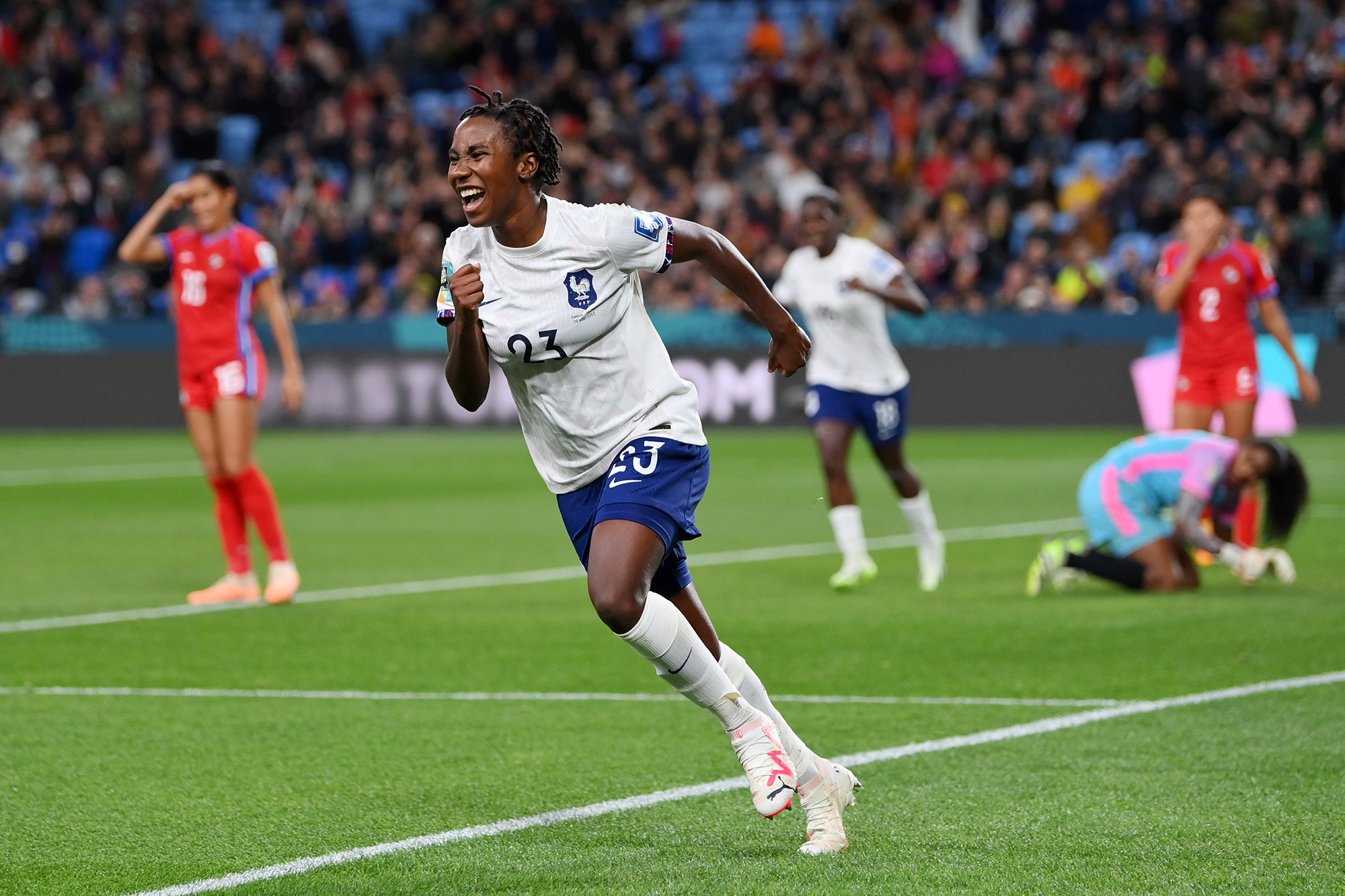 Vicki Becho of France celebrates after scoring her team's sixth goal during the FIFA Women's World Cup Australia & New Zealand 2023 Group F match between Panama and France at Sydney Football Stadium on August 2 in Sydney, Australia.