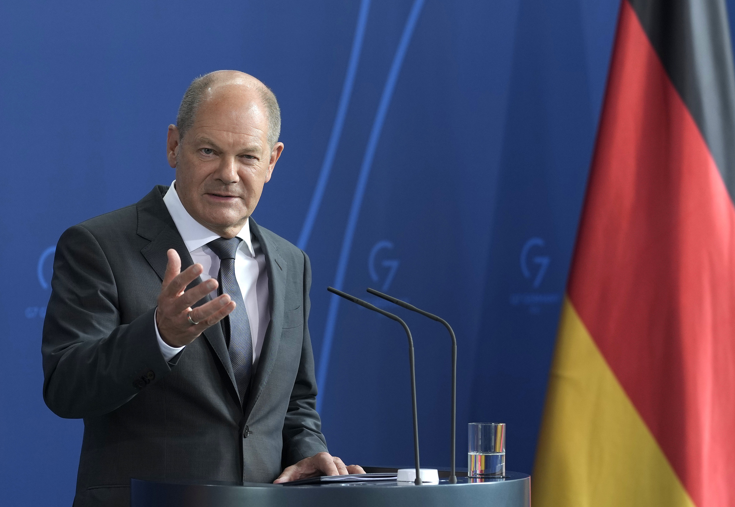 German Chancellor Olaf Scholz speaks during a press conference in Berlin, Germany, on July 22.