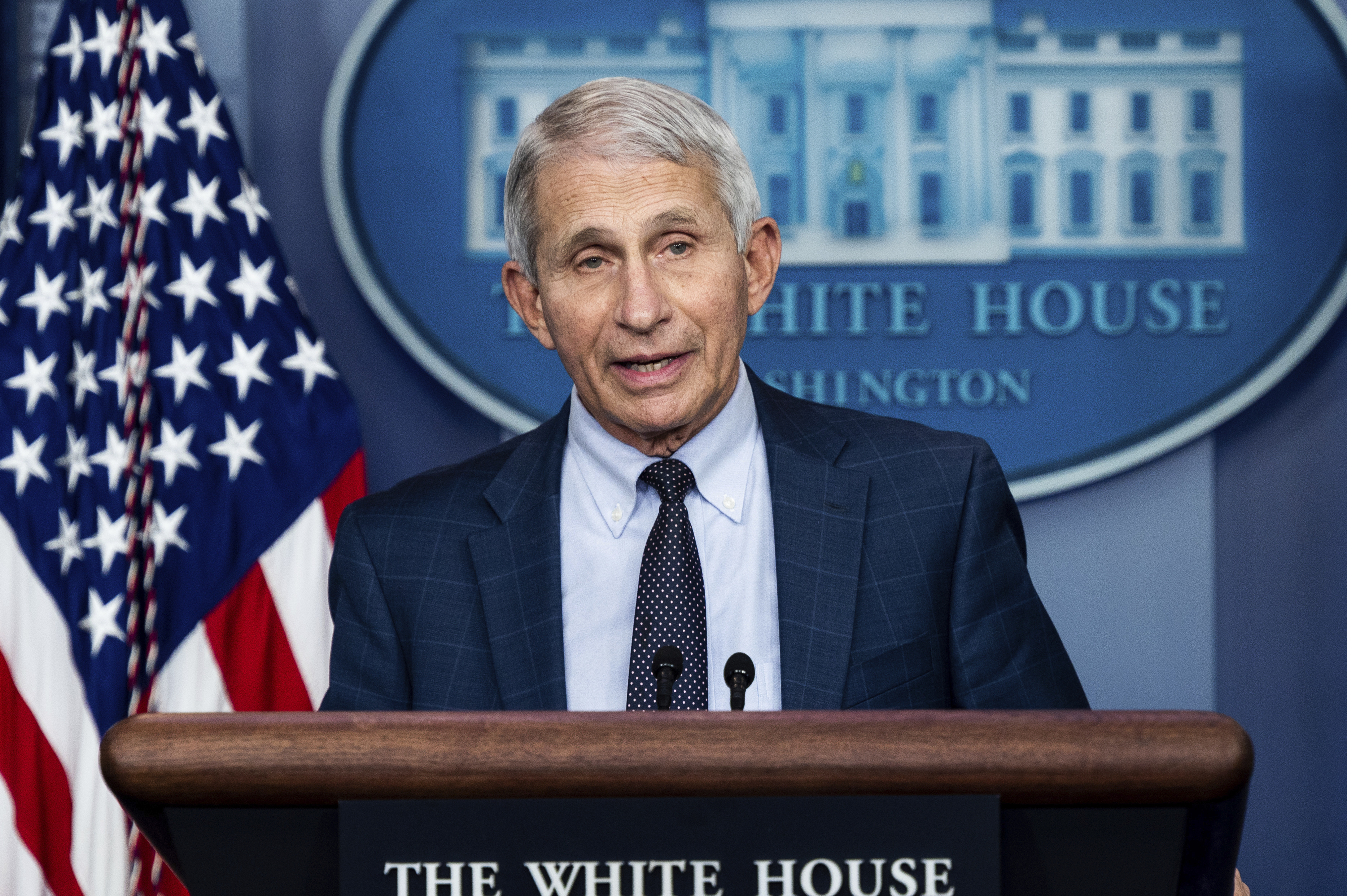 Dr. Anthony Fauci, Director of the National Institute of Allergy and Infectious Diseases, speaking at a press briefing in the White House Press Briefing Room on December 1st 2021.