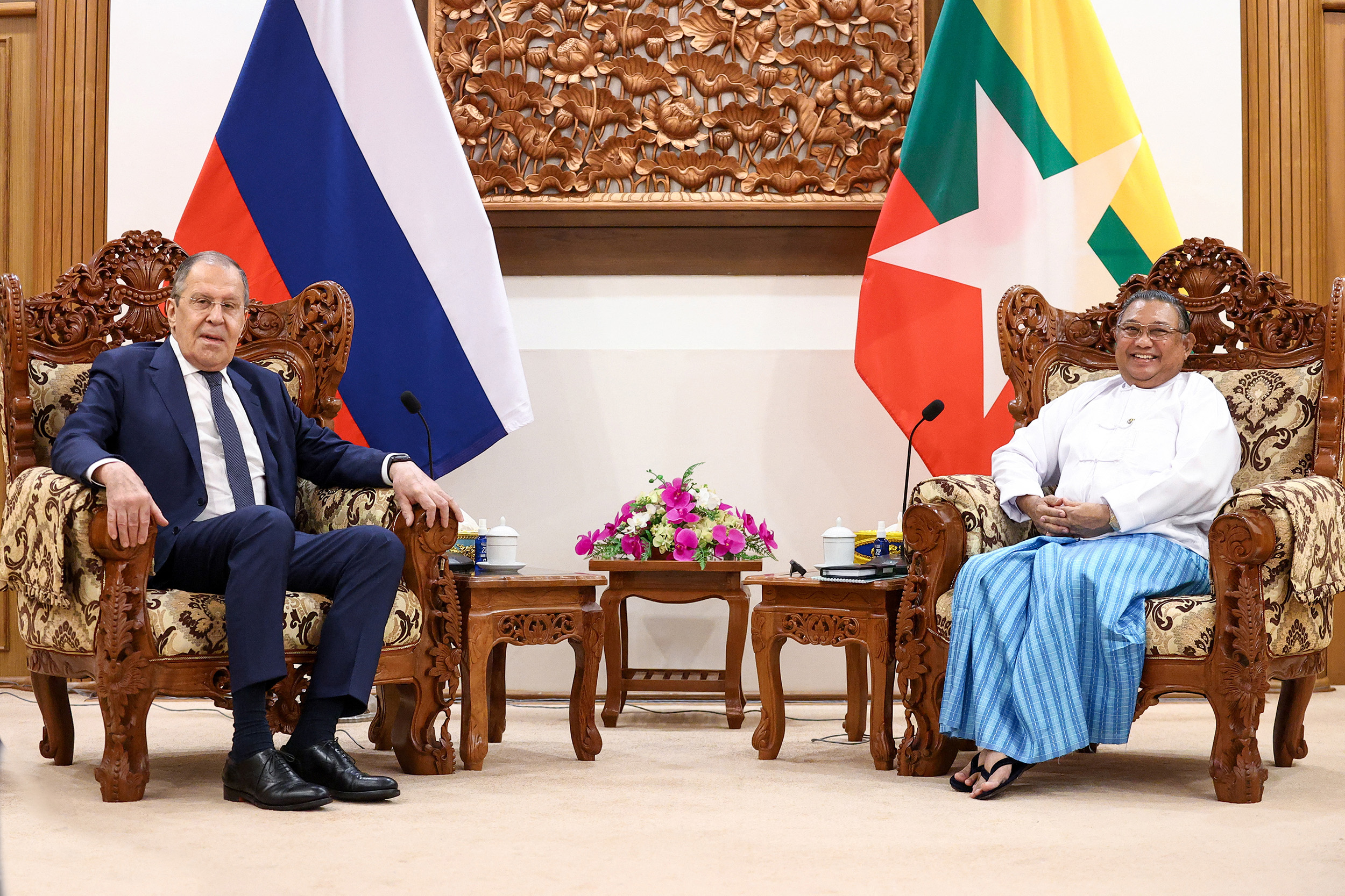 Russia's Foreign Minister Sergey Lavrov, left, attends a meeting with Myanmar's Foreign Minister Wunna Maung Lwin, right, in Naypyidaw, Myanmar, on August 3.