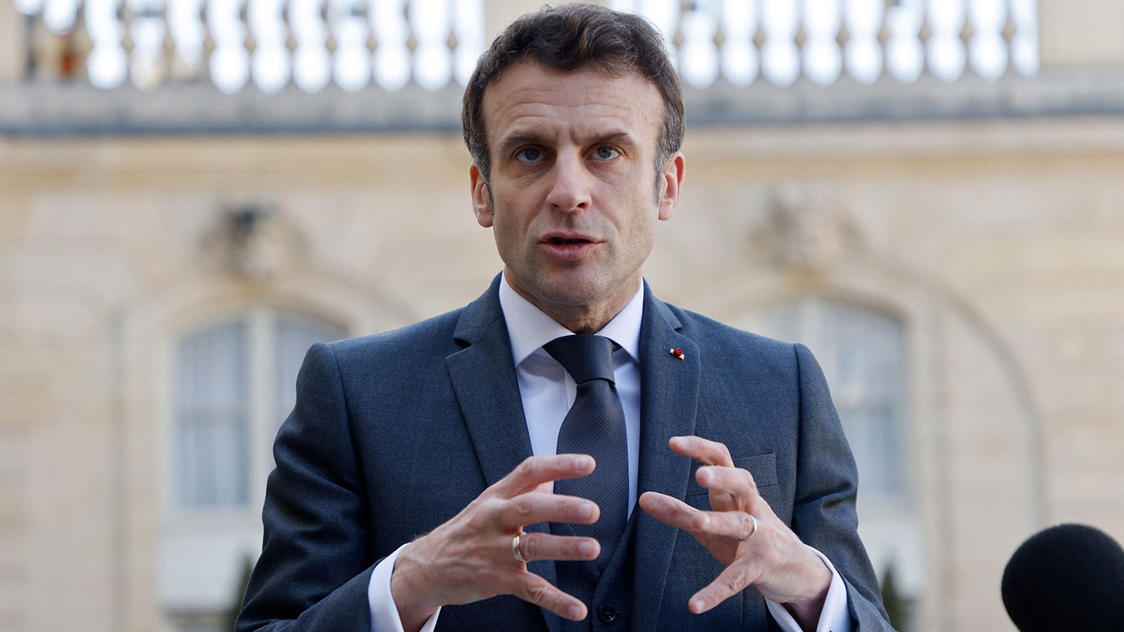 France's President Emmanuel Macron speaks to journalists before a meeting at the Elysee Presidential Palace in Paris on March 21.