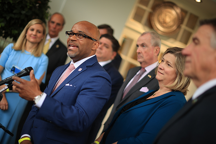 Denver Mayor Michael Hancock talks to reporters outside the West Wing at the White House on July 14, 2021 in Washington, DC. 