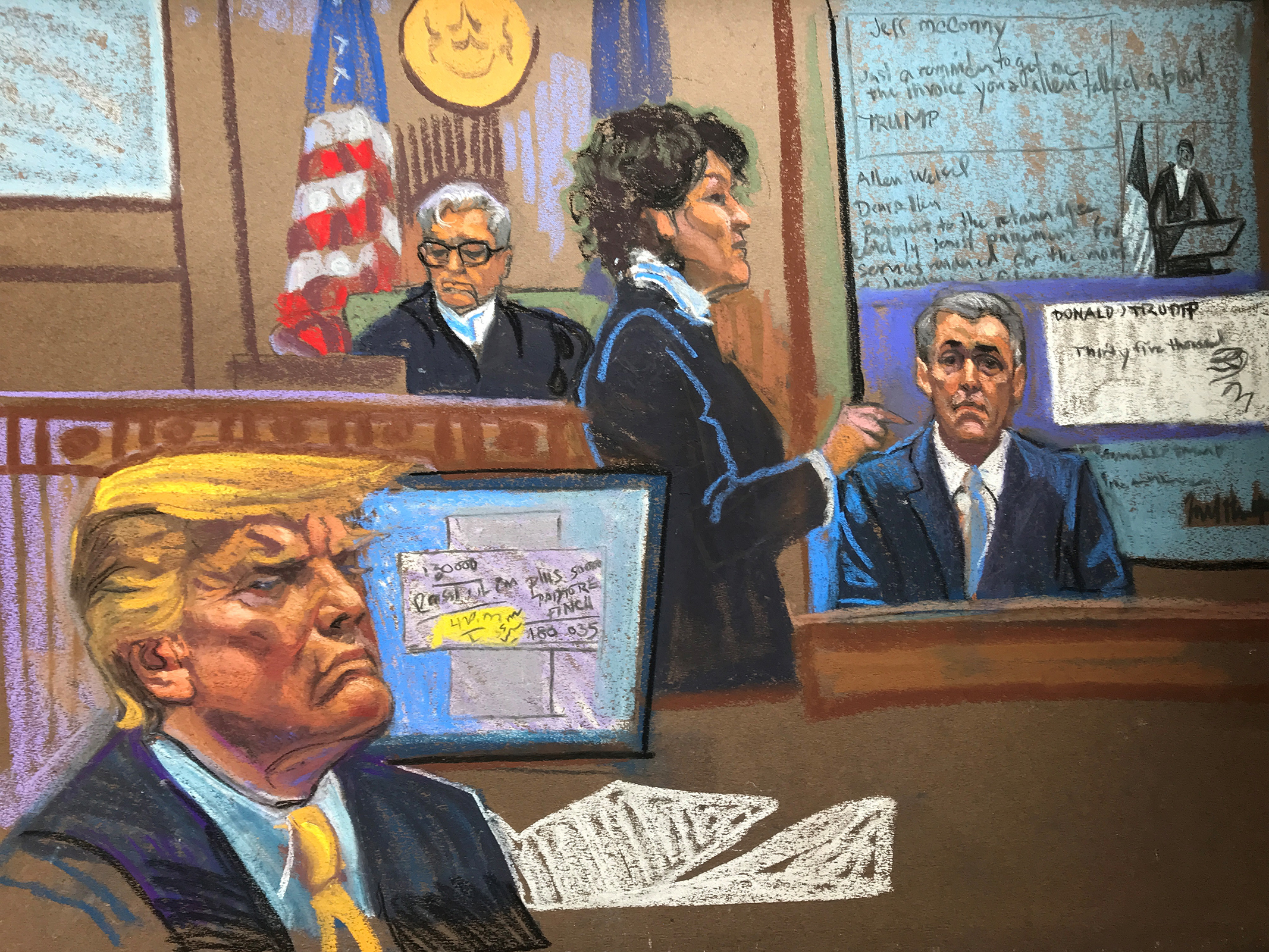This sketch from court shows former President Donald Trump, left, and Michael Cohen, right, in court on Tuesday, May 14, in New York.