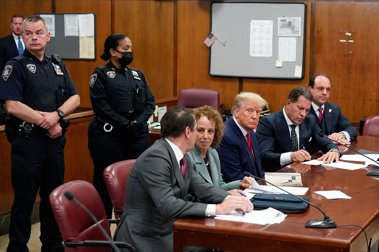 Former President Donald Trump sits in a Manhattan courtroom with his defense team on Tuesday, April 4.
