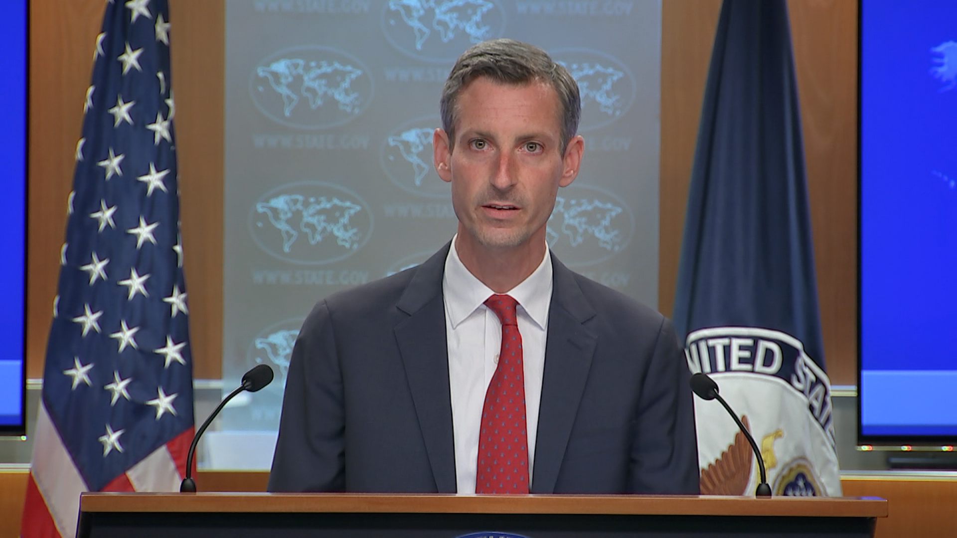 State Department spokesperson Ned Price speaks during a briefing on July 18.
