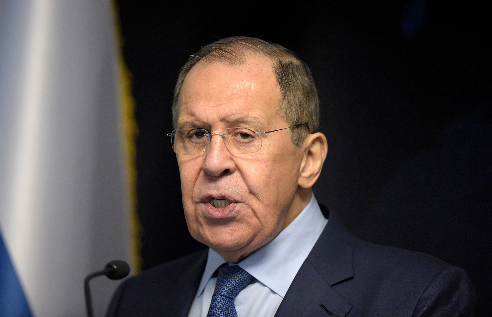 Russia's Foreign Minister Sergei Lavrov speaks during a joint news conference with Bahrain's Foreign Minister at the Bahraini Ministry of Foreign Affairs' headquarters in the capital Manama on May 31.