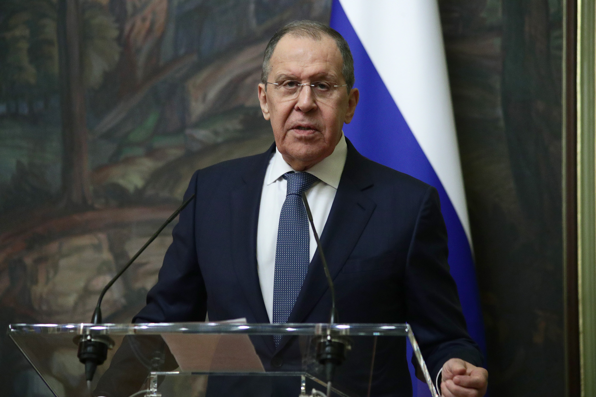 Russian Foreign Minister Sergey Lavrov attends a press conference in Moscow, Russia, on April 27.
