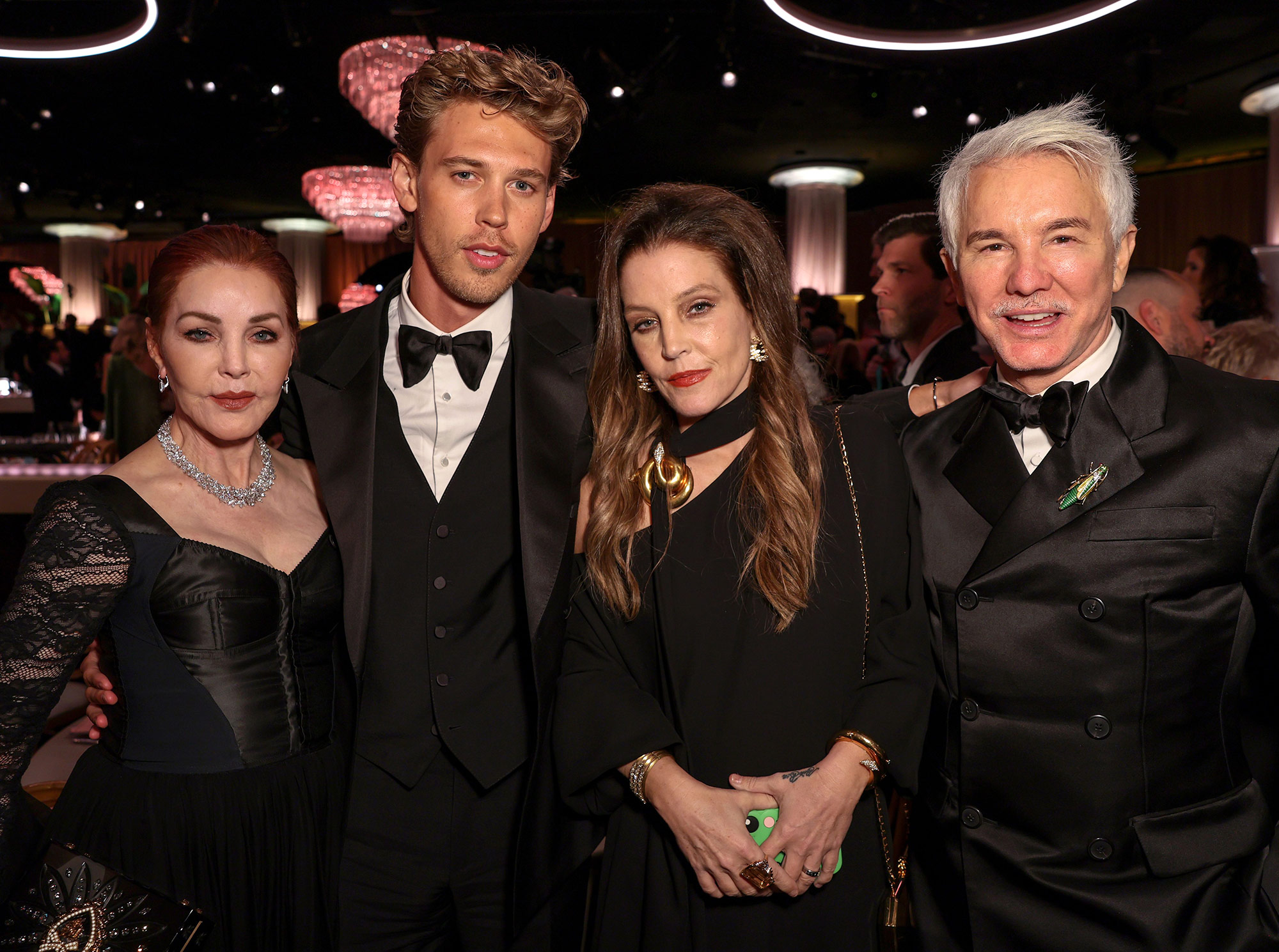 From left, Priscilla Presley, Austin Butler, Lisa Marie Presley and Baz Luhrmann attend the Golden Globe Awards on January 10.