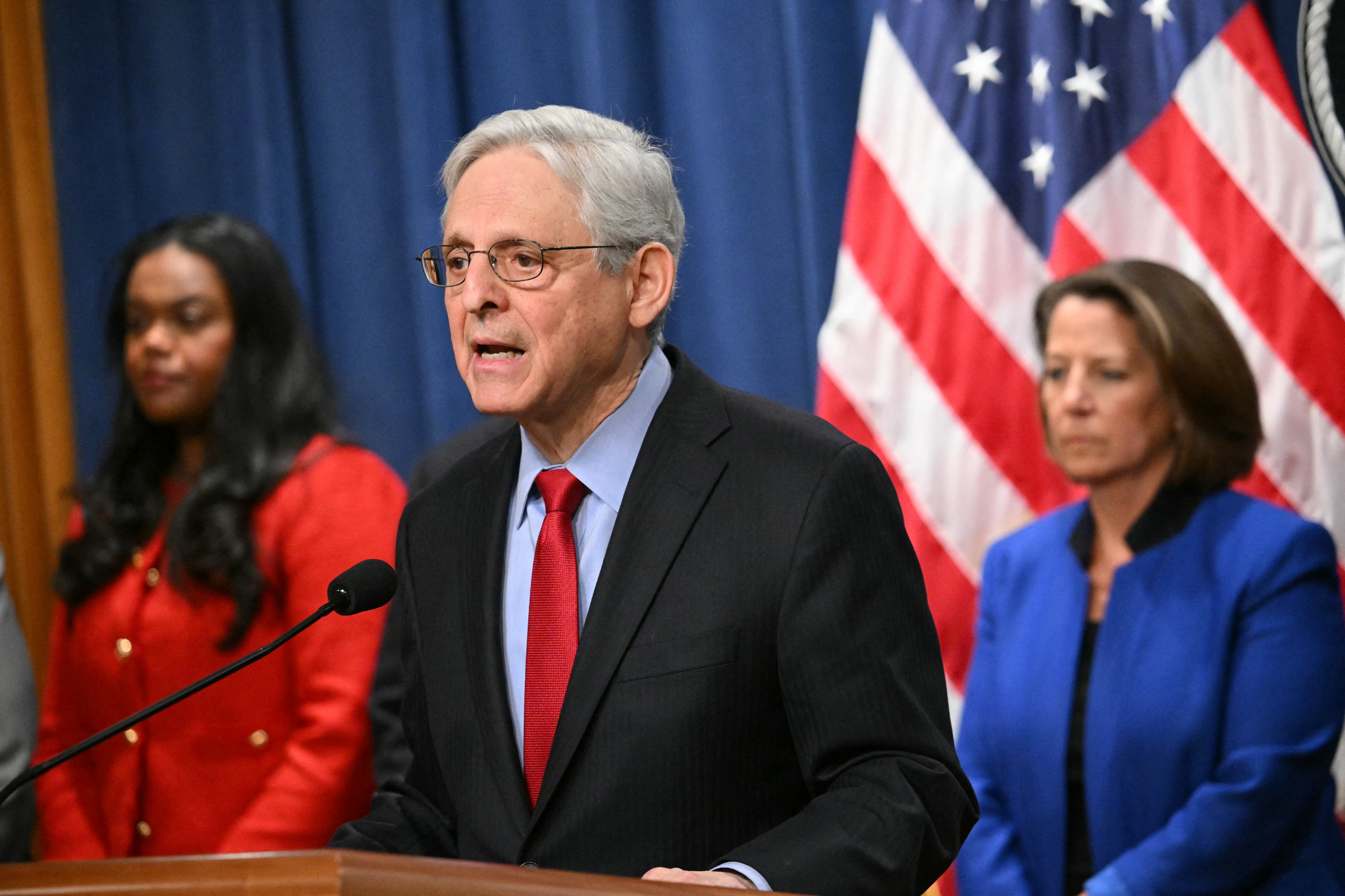 US Attorney General Merrick Garland announces an antitrust lawsuit against Apple at the Justice Department in Washington, DC, on March 21.