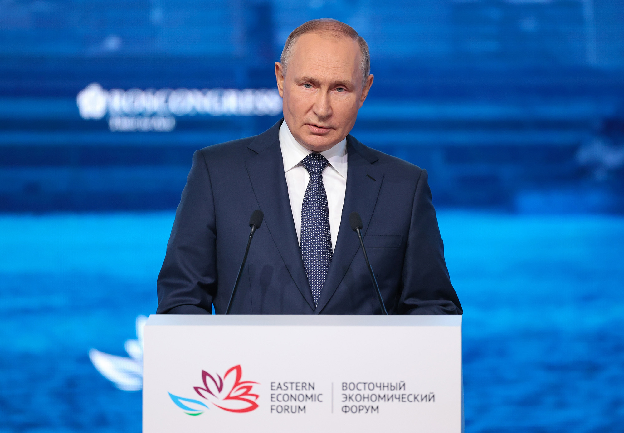 Russian President Vladimir Putin delivers a speech during a plenary session at the Eastern Economic Forum in Vladivostok, Russia, on September 7.