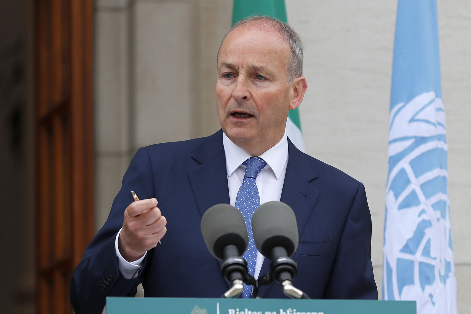 Ireland's Foreign Minister Micheál Martin speaks during a press conference outside the Government Building in Dublin, Ireland, on Wednesday May 22.