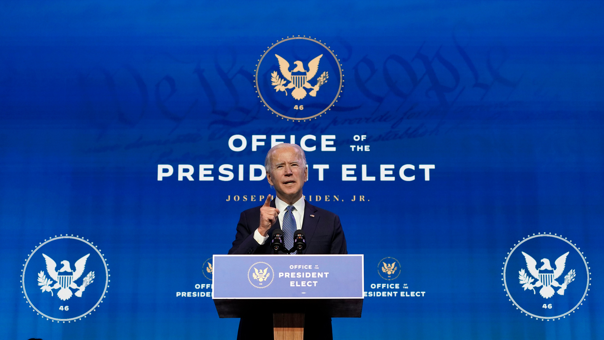 President-elect Joe Biden speaks during an event at The Queen theater in Wilmington, Delaware, on January 7.