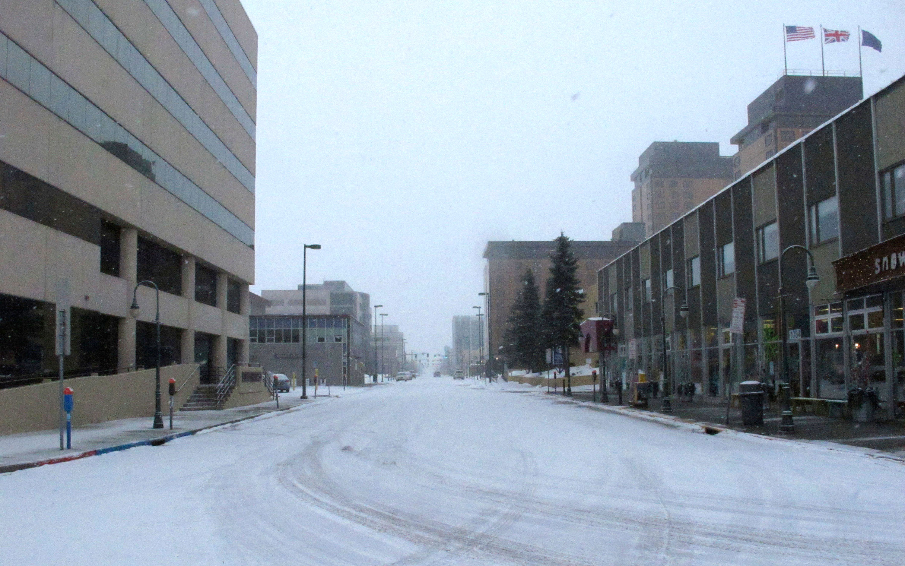 Nearly empty streets are seen in downtown Anchorage, Alaska on March 21.