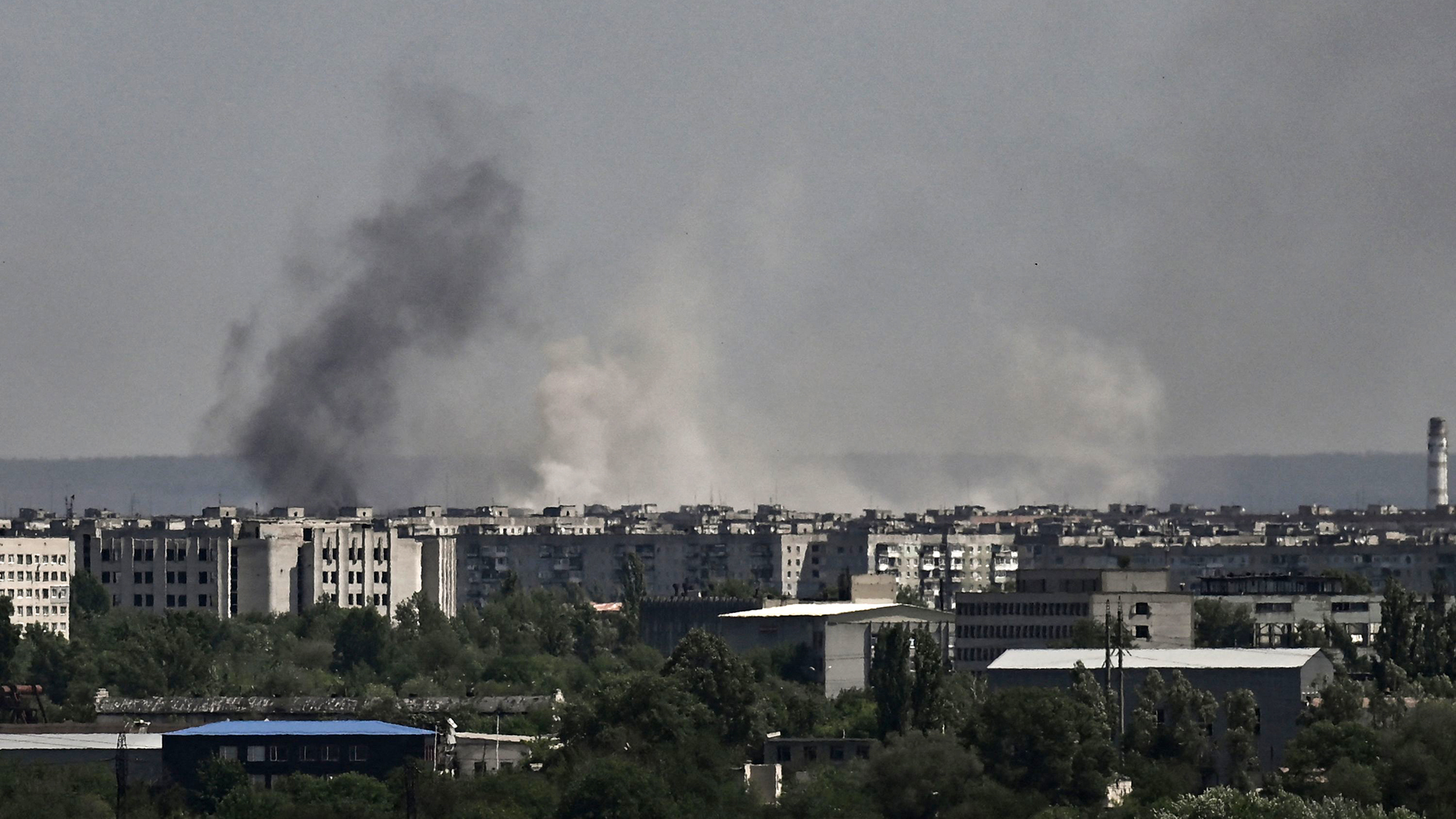  Smoke rises above Severodonetsk, during shelling on May 26. 