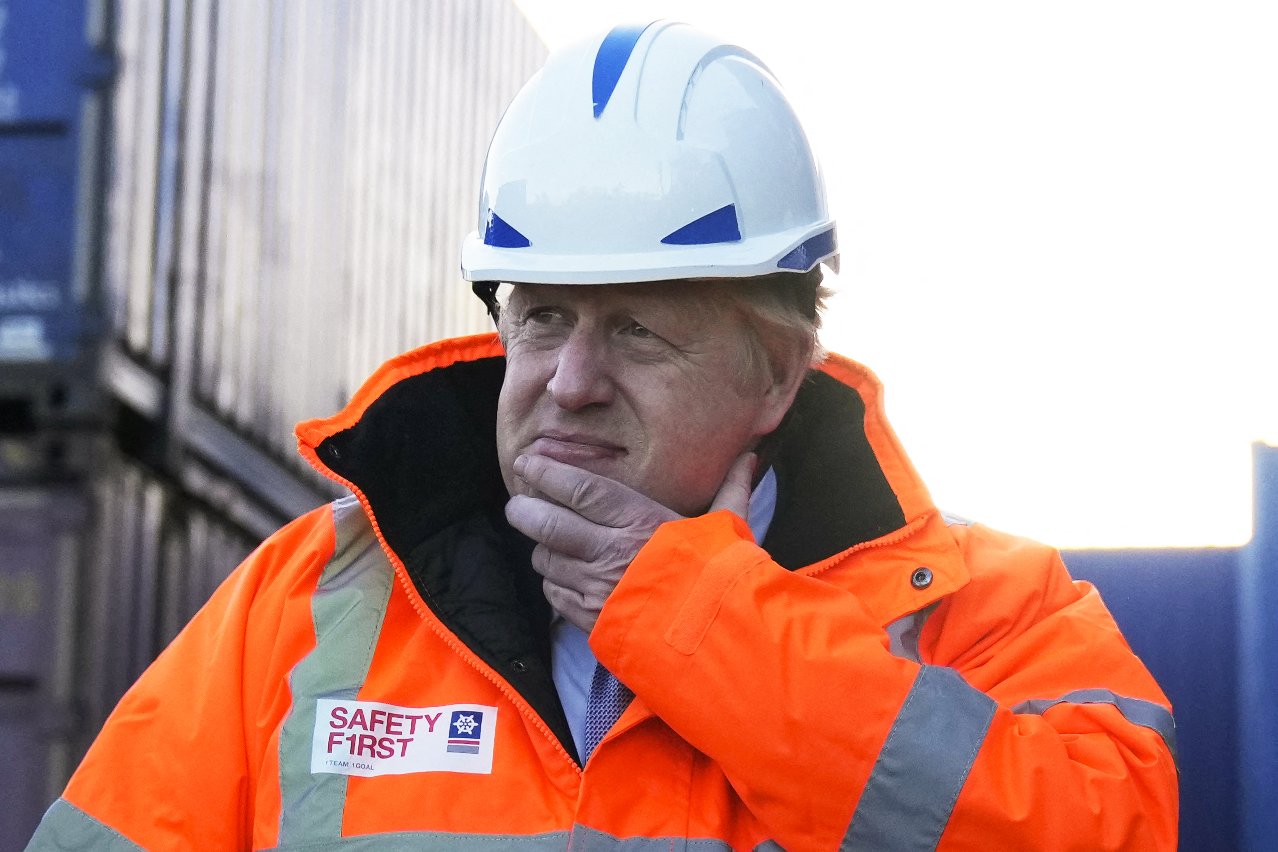 British Prime Minister Boris Johnson visits the Tilbury Docks in Tilbury, England, on January 31.