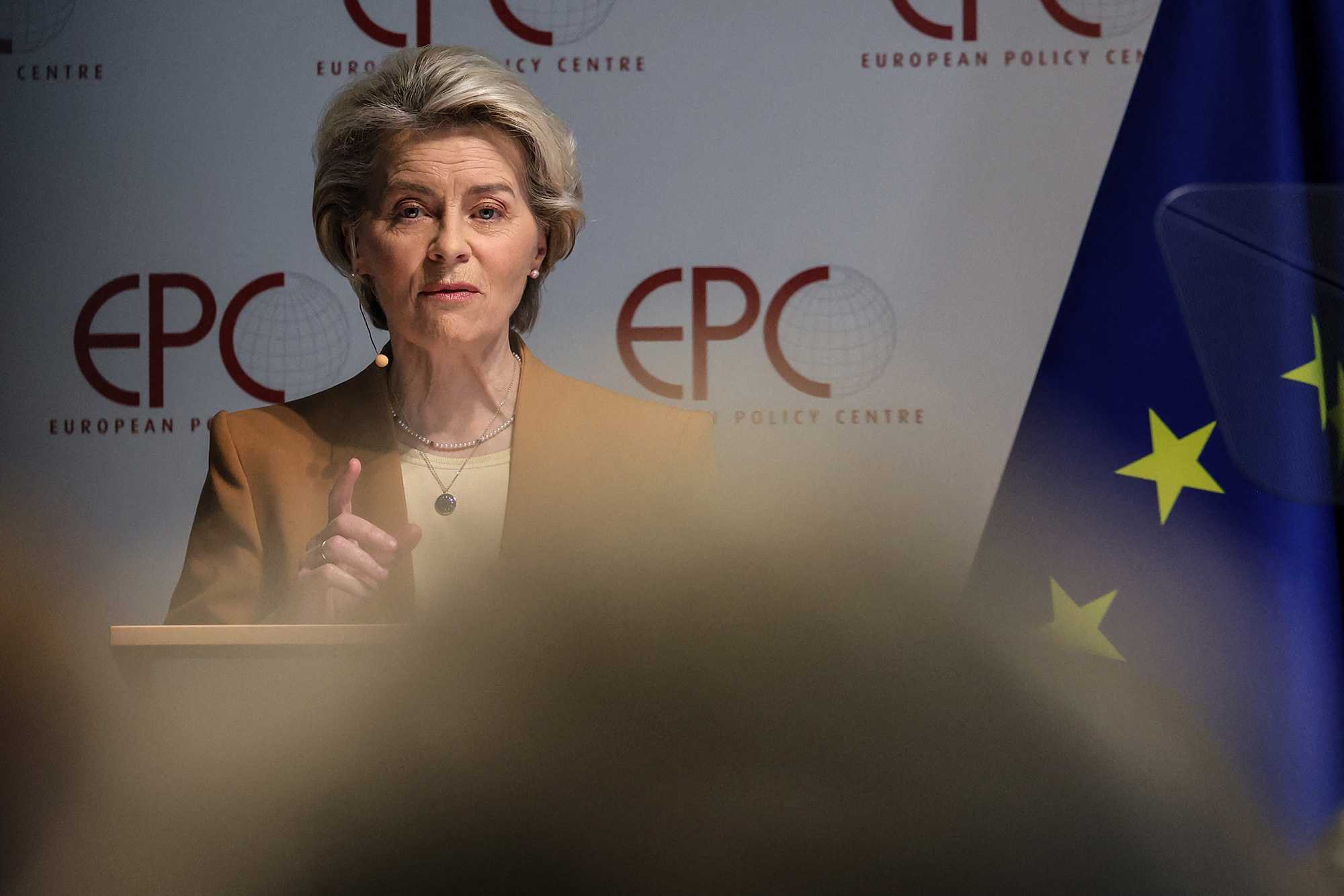 European Commission President Ursula von der Leyen speaks at the European Policy Center in Brussels, on March 30, 2023.