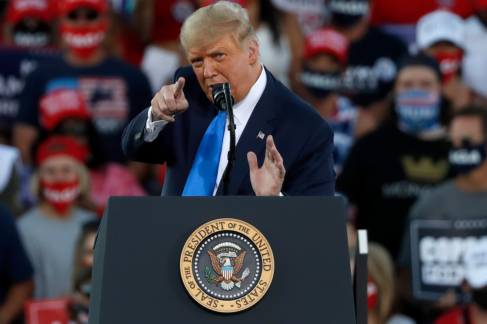 President Donald Trump gestures during a campaign rally in Carson City, Nevada, on October 18.