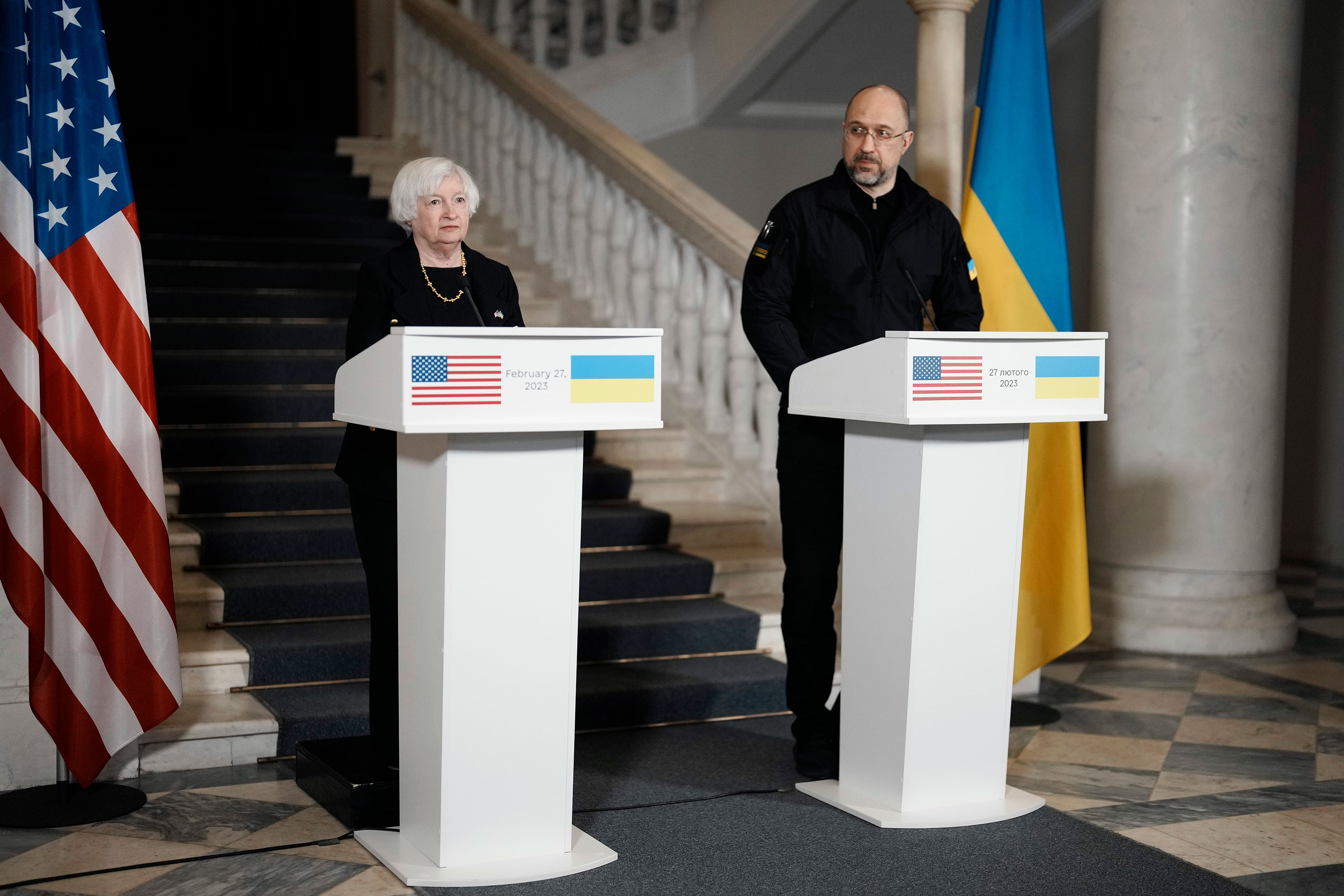 US Treasury Secretary Janet Yellen and Ukrainian Prime Minister Denys Shmyhal hold a joint press conference in Kyiv on Monday.