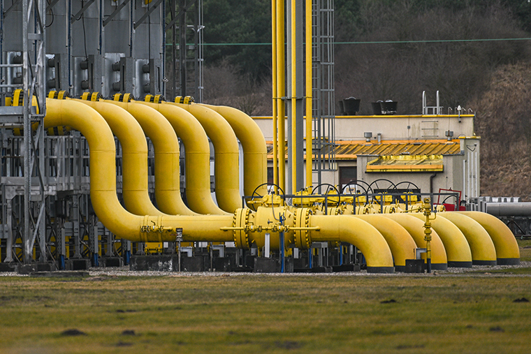 An image of giant pipes that are part of one of the physical starting points at the compressor filling station of the Yamal-Europe gas pipeline on 19 February in Wloclawek, Poland. 