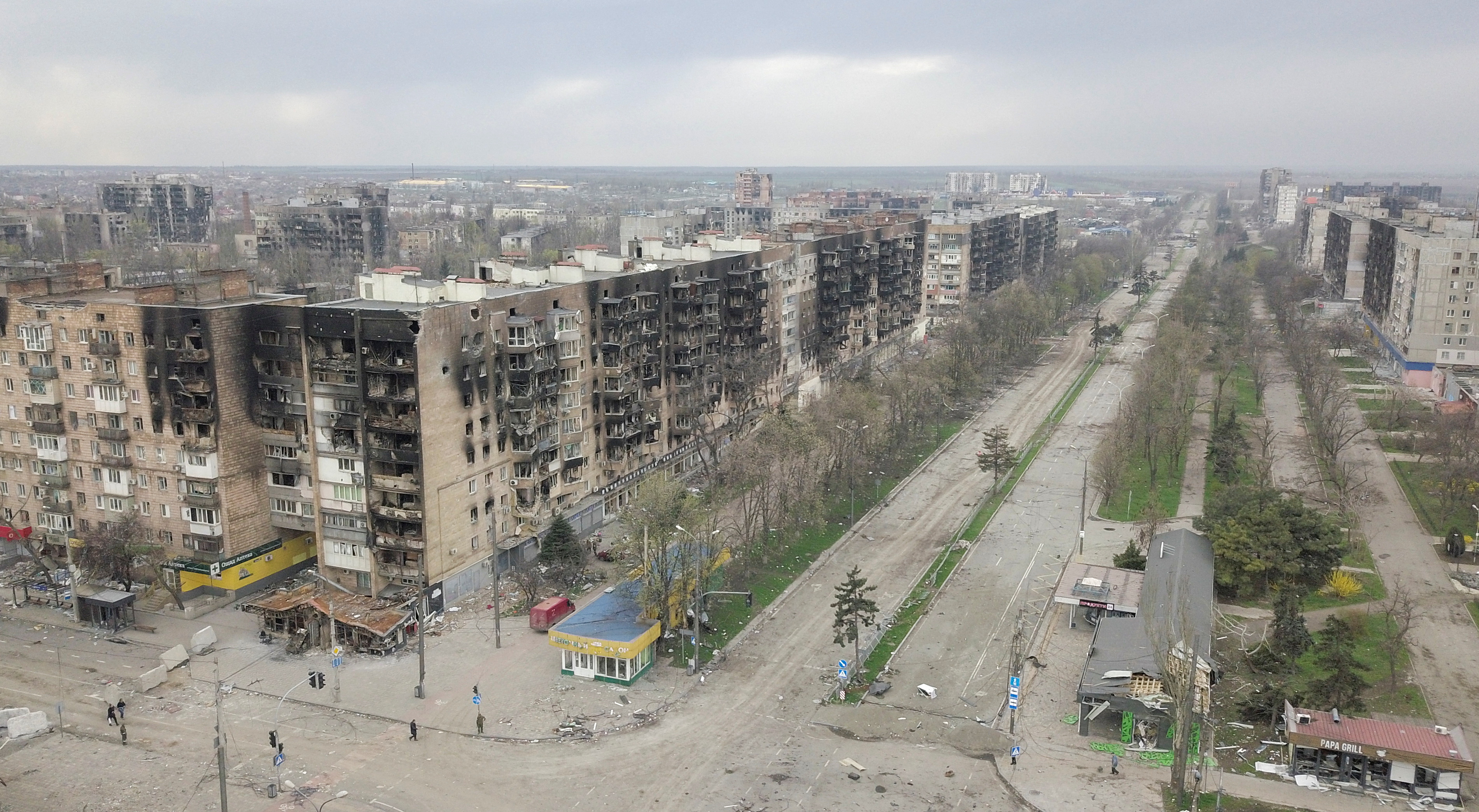 Damaged residential buildings in the southern port city of Mariupol, Ukraine, April 18.