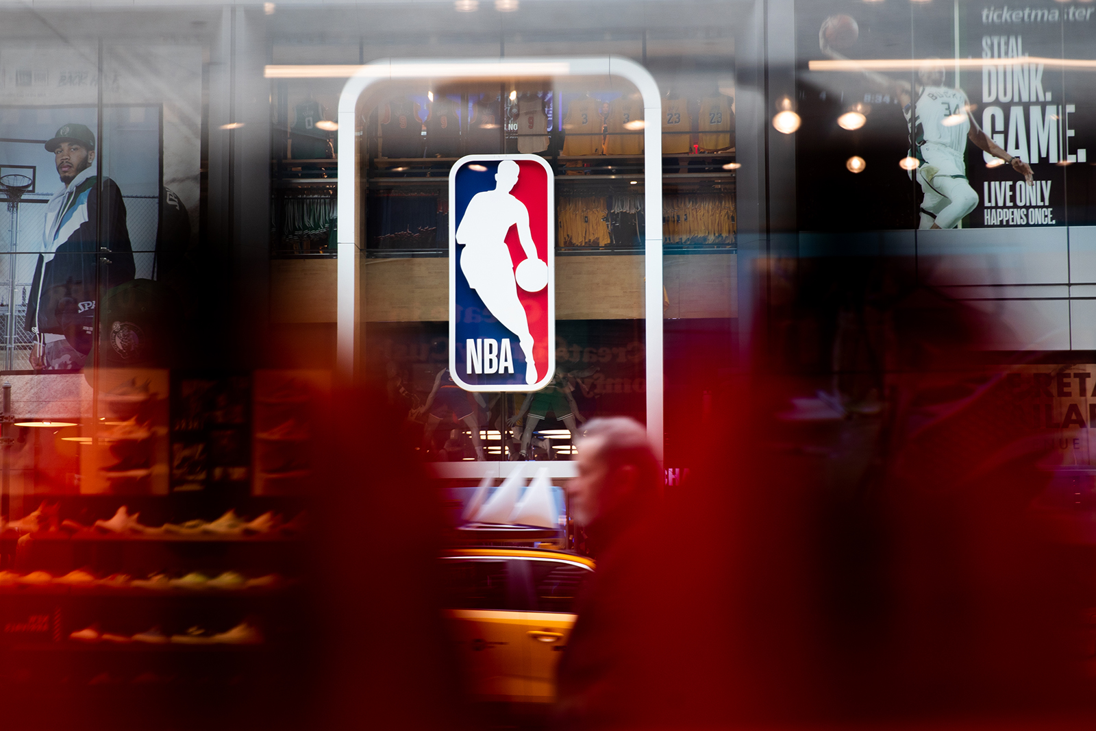 An NBA logo is shown at the 5th Avenue NBA store on March 12, 2020 in New York City. 