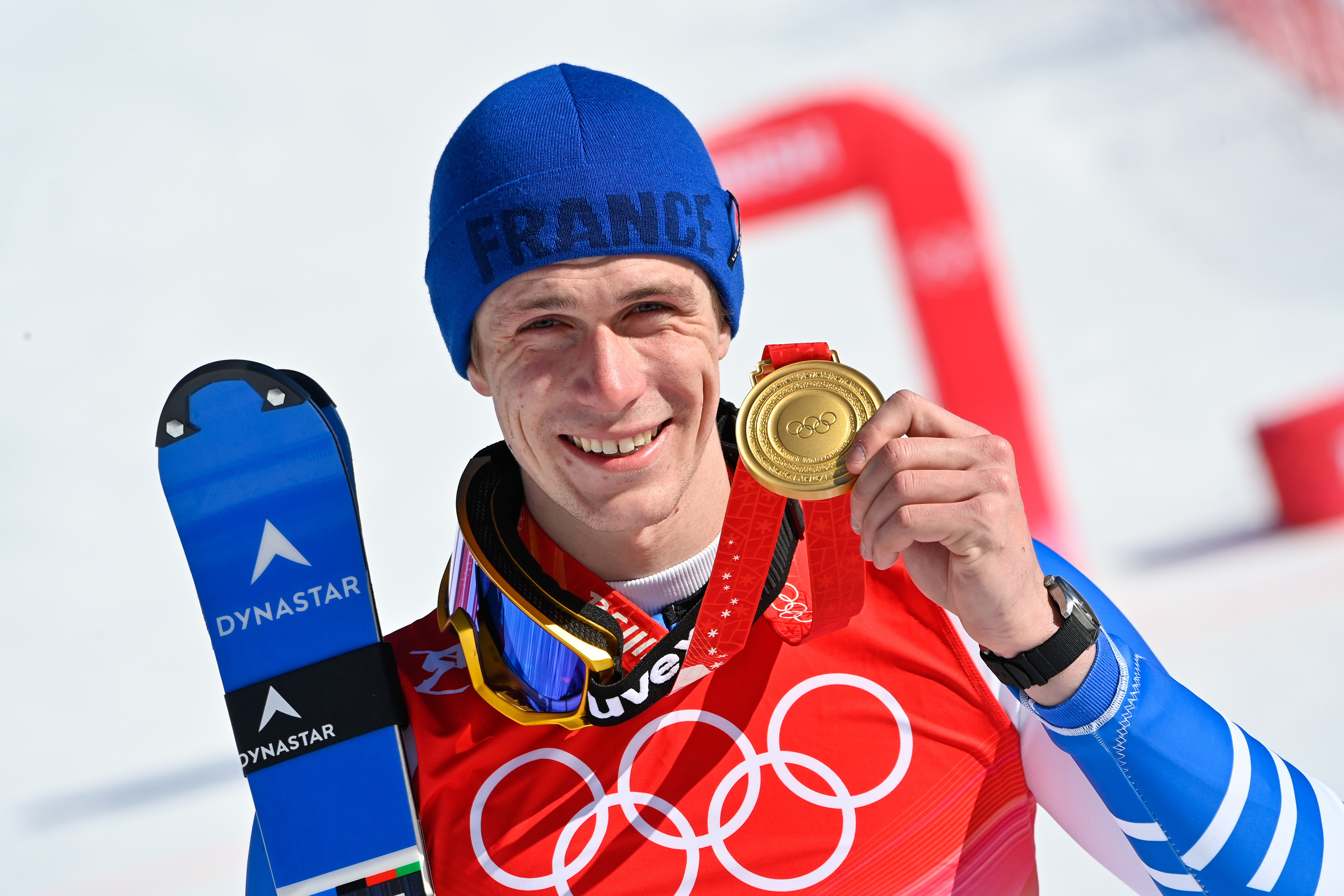 France's Clement Noel poses during the men's slalom victory ceremony on Wednesday.