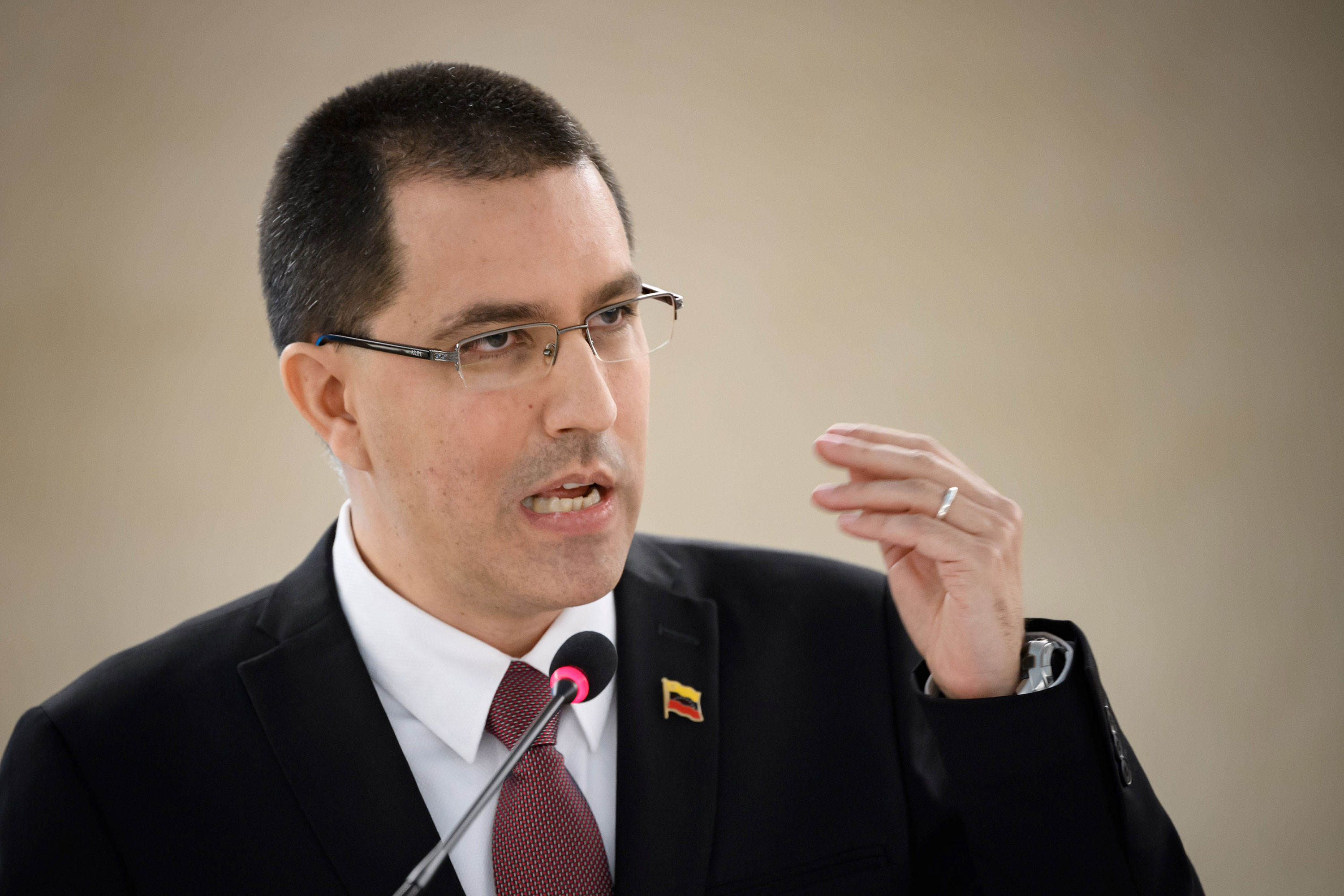 Venezuela's Minister of Foreign Affairs Jorge Arreaza addresses the UN Human Rights Council on February 25 in Geneva.