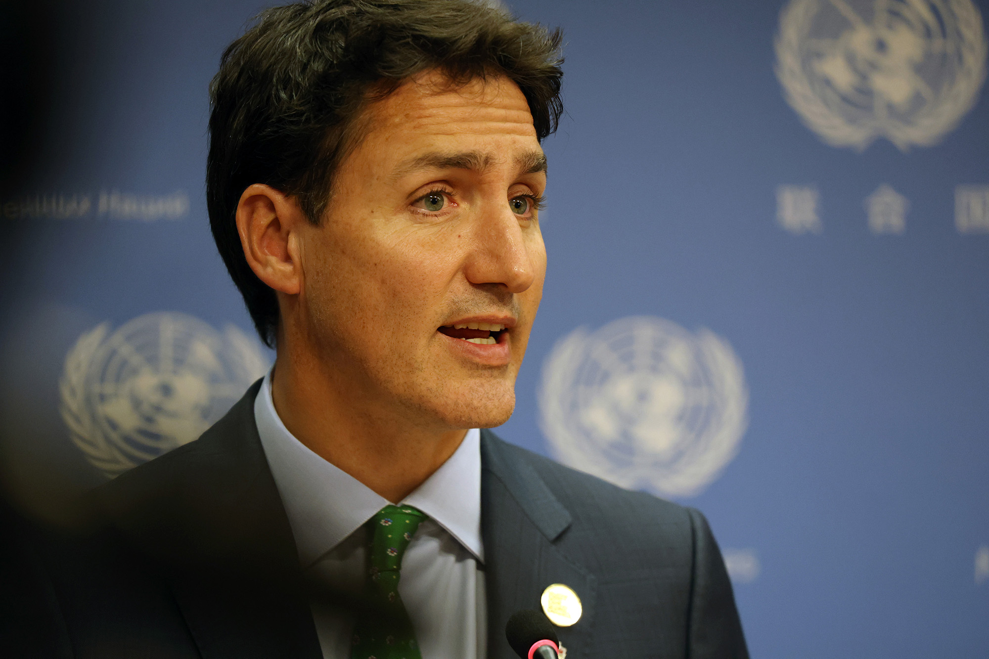 Canadian Prime Minister Justin Trudeau speaks with the media during the the 77th United Nations General Assembly in New York on September 21. 